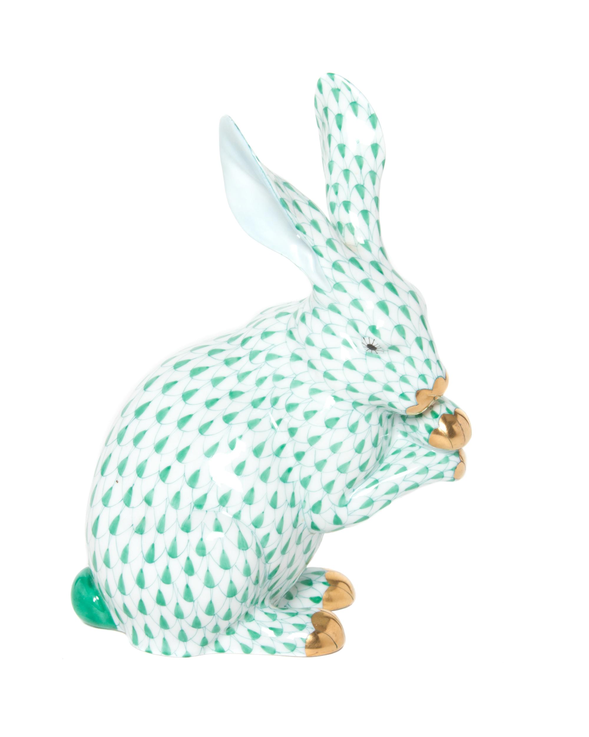 A Herend Porcelain Bunny Figurine, , in the green fishnet pattern.