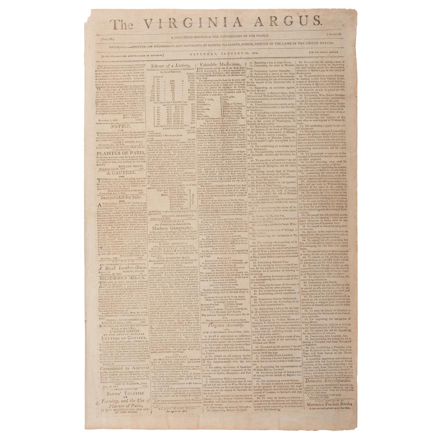 Virginia Argus , Rare 1804 Newspaper Featuring Advertisement for Slavery Auction at the Raleigh Tavern, Williamsburg
