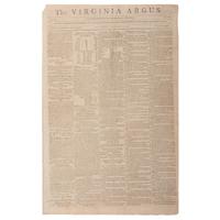Virginia Argus , Rare 1804 Newspaper Featuring Advertisement for Slavery Auction at the Raleigh Tavern, Williamsburg