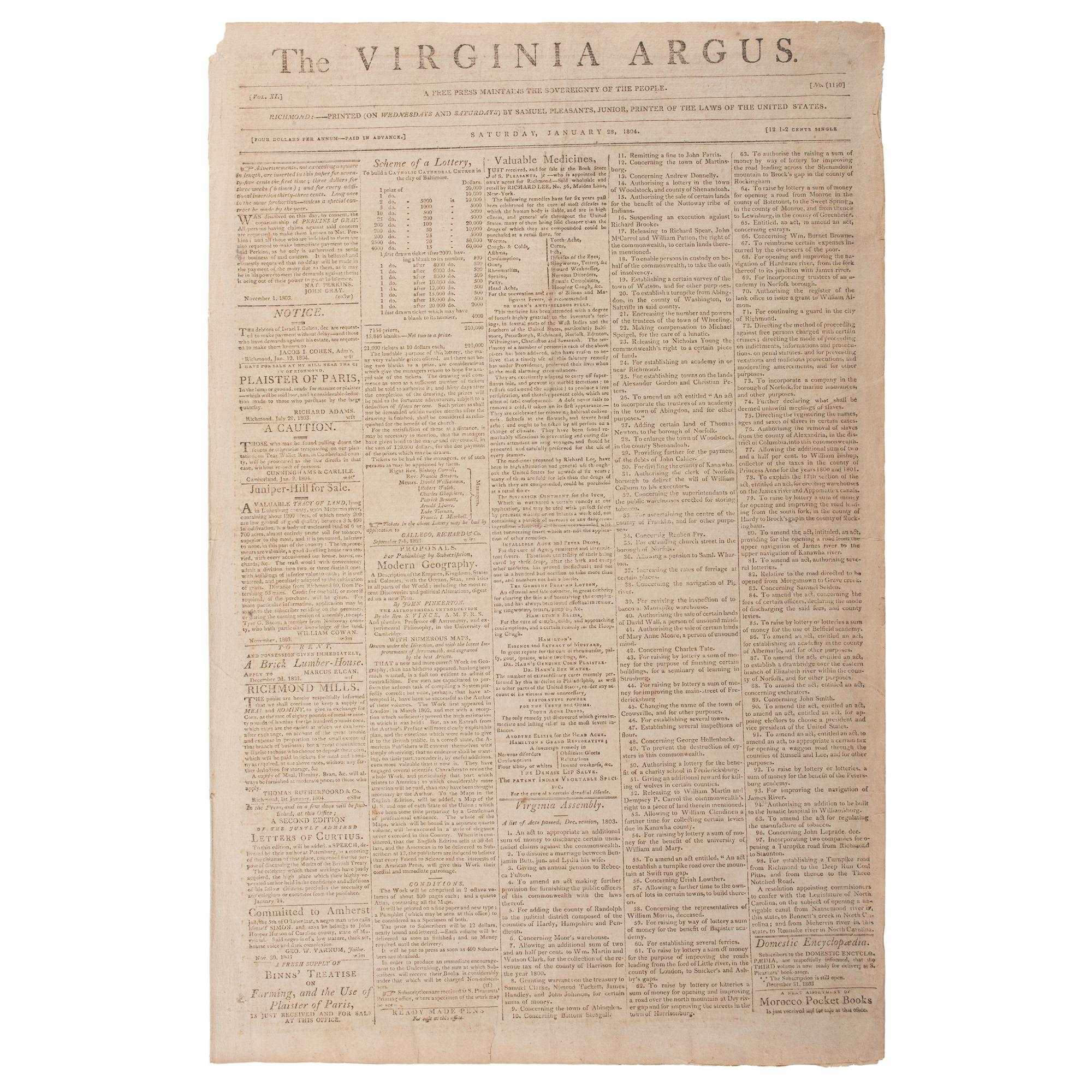 Virginia Argus , Rare 1804 Newspaper Featuring Advertisement for Slavery Auction at the Raleigh Tavern, Williamsburg