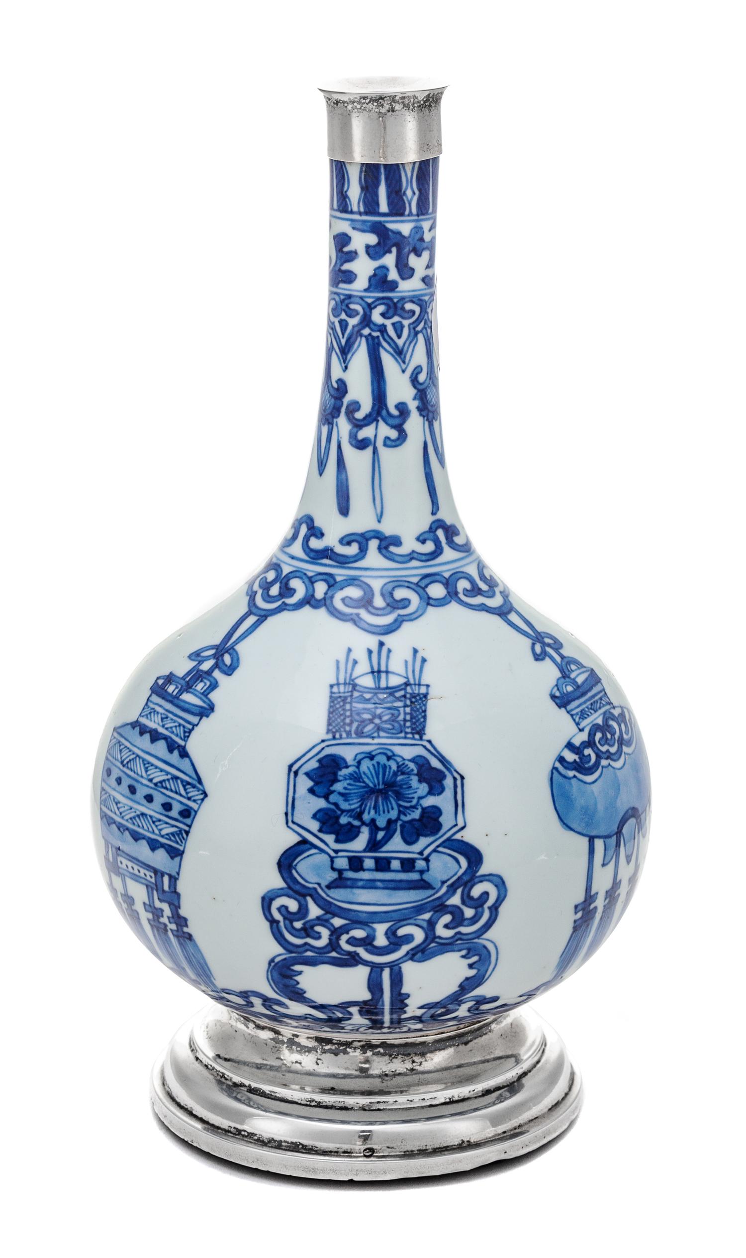 A Chinese Export Silver-Mounted Blue and White Porcelain Bottle Vase Height 9 inches. — PORCELAIN: 17TH CENTURY; LATER SILVER MOUNTS