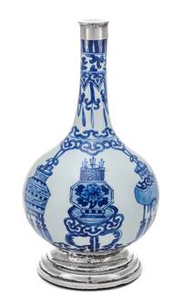 A Chinese Export Silver-Mounted Blue and White Porcelain Bottle Vase Height 9 inches. — PORCELAIN: 17TH CENTURY; LATER SILVER MOUNTS