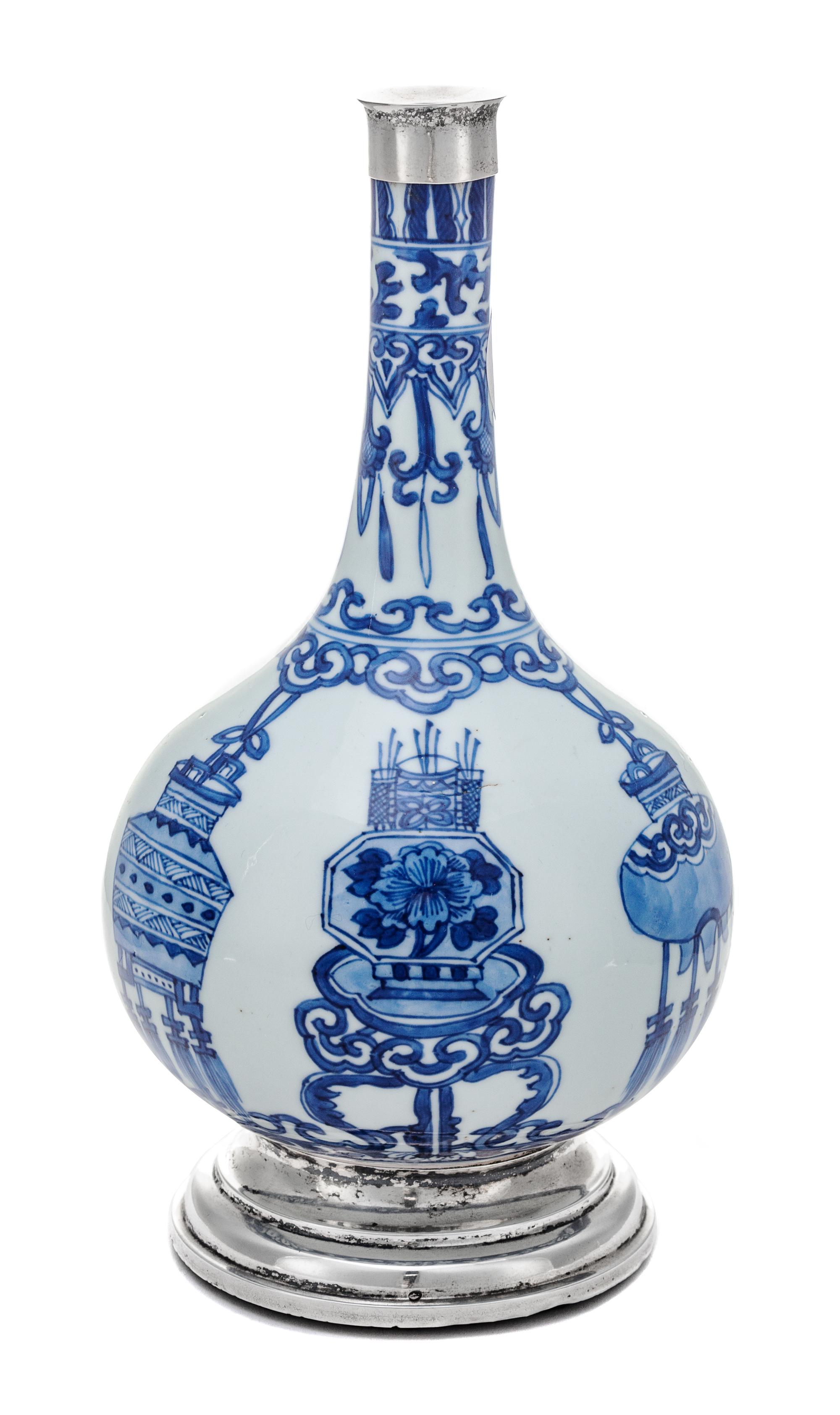 A Chinese Export Silver-Mounted Blue and White Porcelain Bottle Vase Height 9 inches. — PORCELAIN: 17TH CENTURY; LATER SILVER MOUNTS