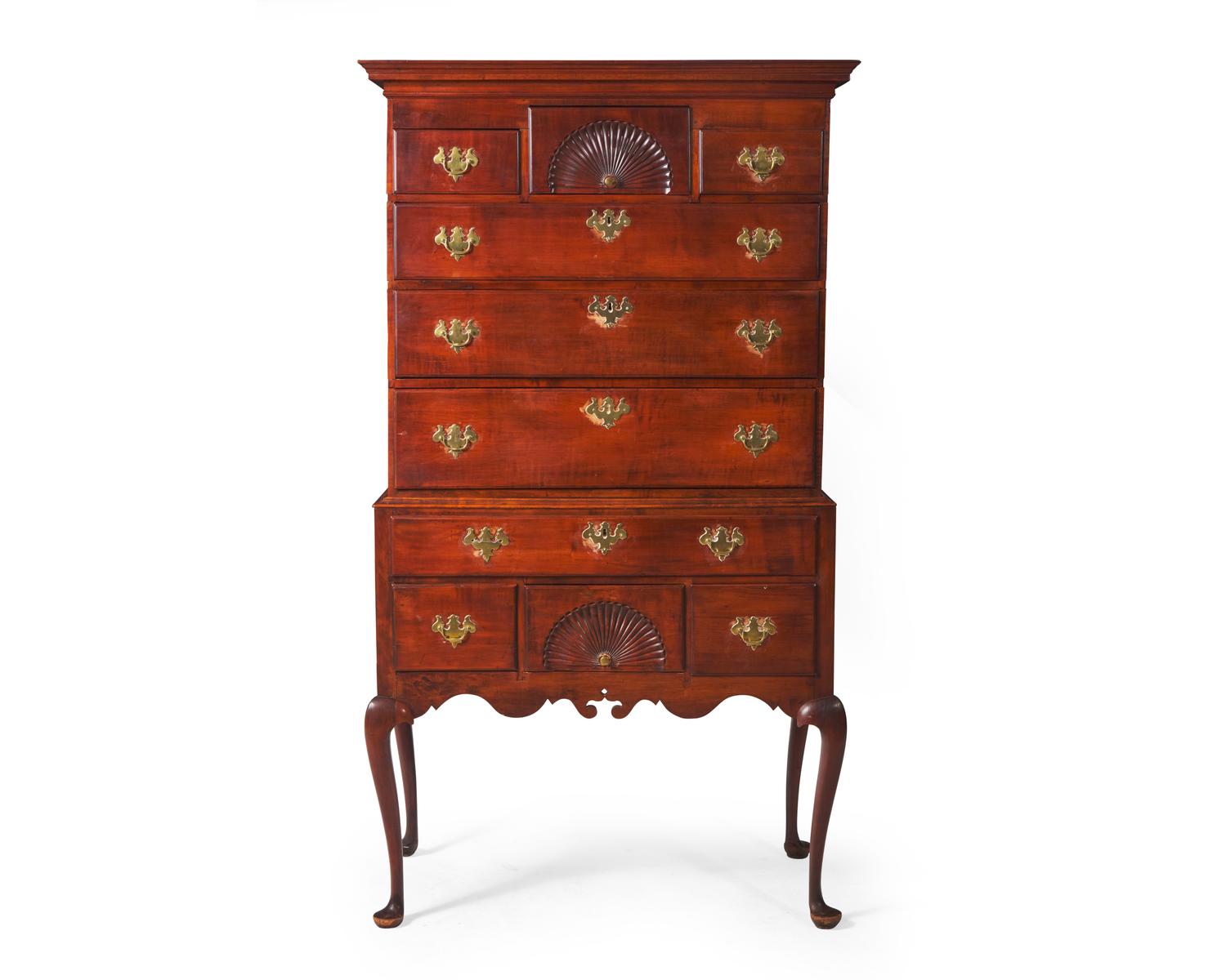 A Queen Anne flat-top carved maple high chest of drawers, Connecticut River Valley, mid-18th century