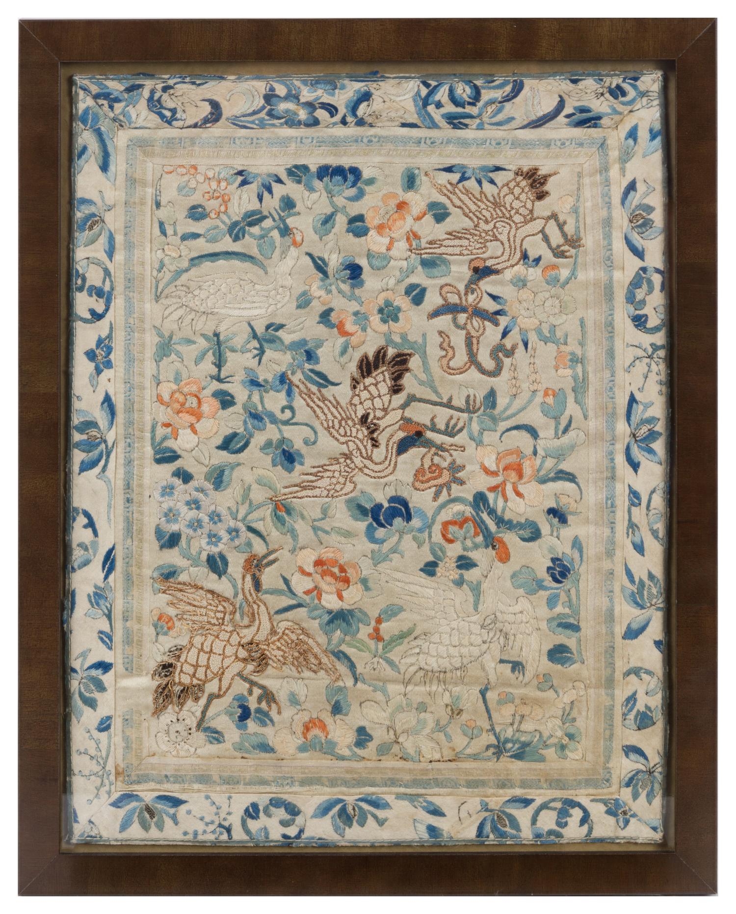 Two Embroidered Silk Panels Height of taller overall 23 x width 11 1/4 inches.