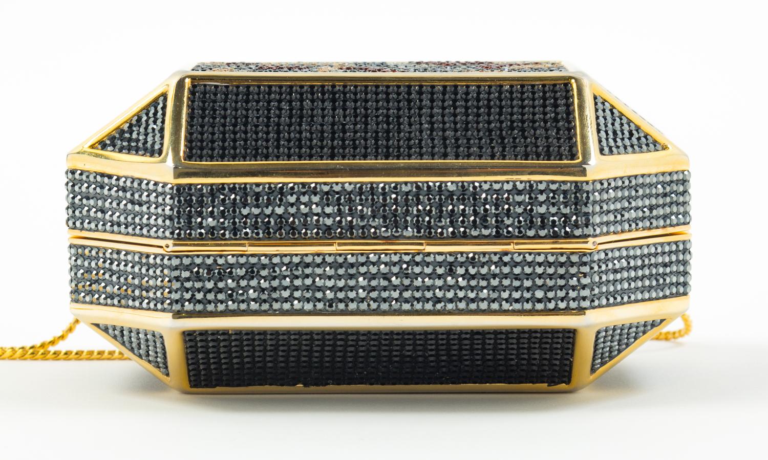 A Judith Leiber Black Crystal Geometric Clutch, 6" x 4.5" x 3.5".