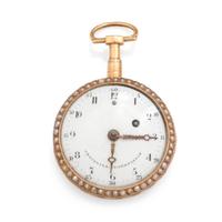 CHEVALIER & CO. ENAMEL, PEARL AND DIAMOND OPEN FACE POCKET WATCH