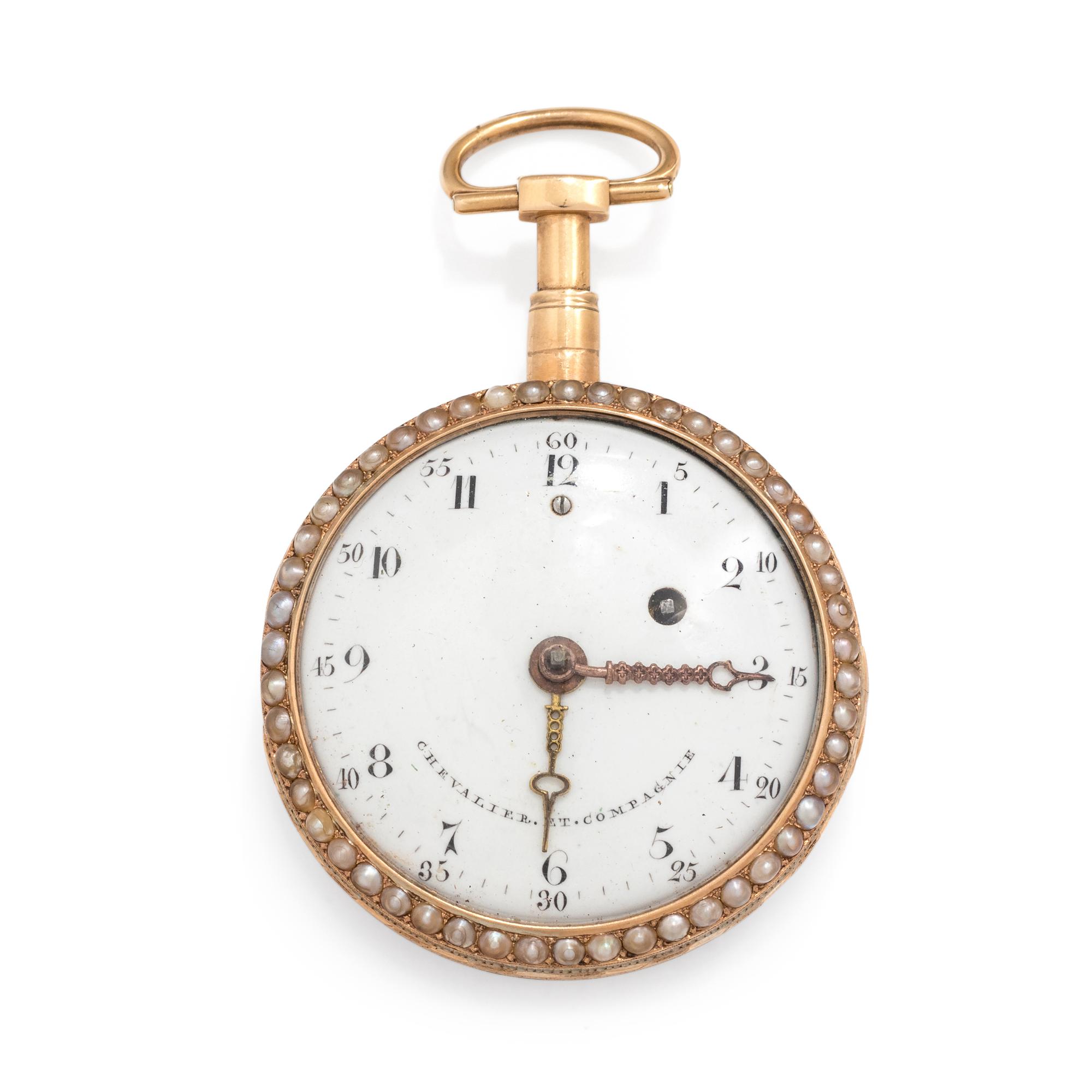 CHEVALIER & CO. ENAMEL, PEARL AND DIAMOND OPEN FACE POCKET WATCH