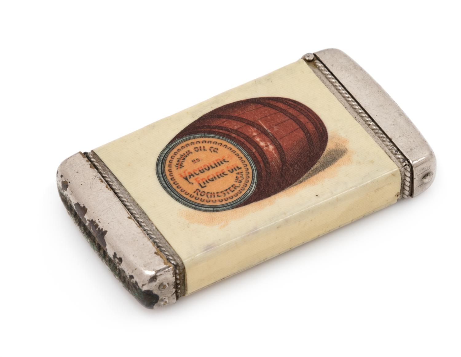 An American Celluloid and Mixed Metal Advertisement Match Safe Height 2 3/4 inches. — LATE 19TH/EARLY 20TH CENTURY