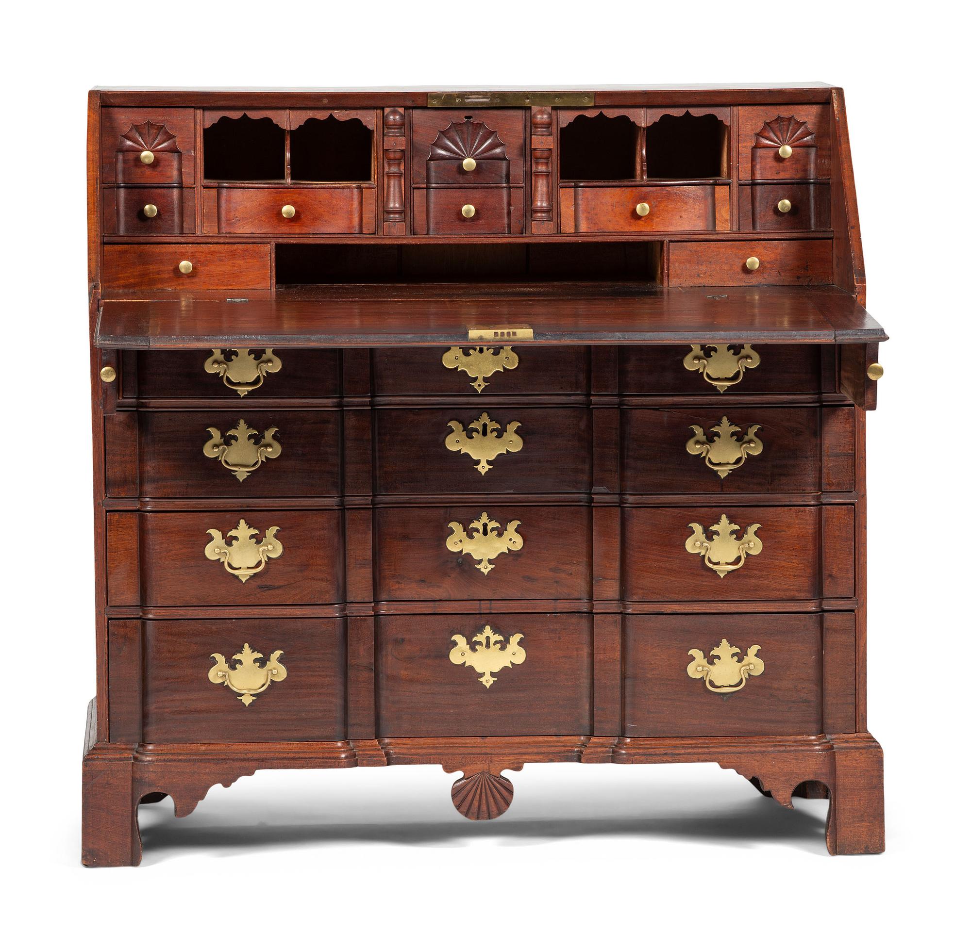 A Chippendale Shell-Carved Mahogany Block-Front Slant-Front Desk