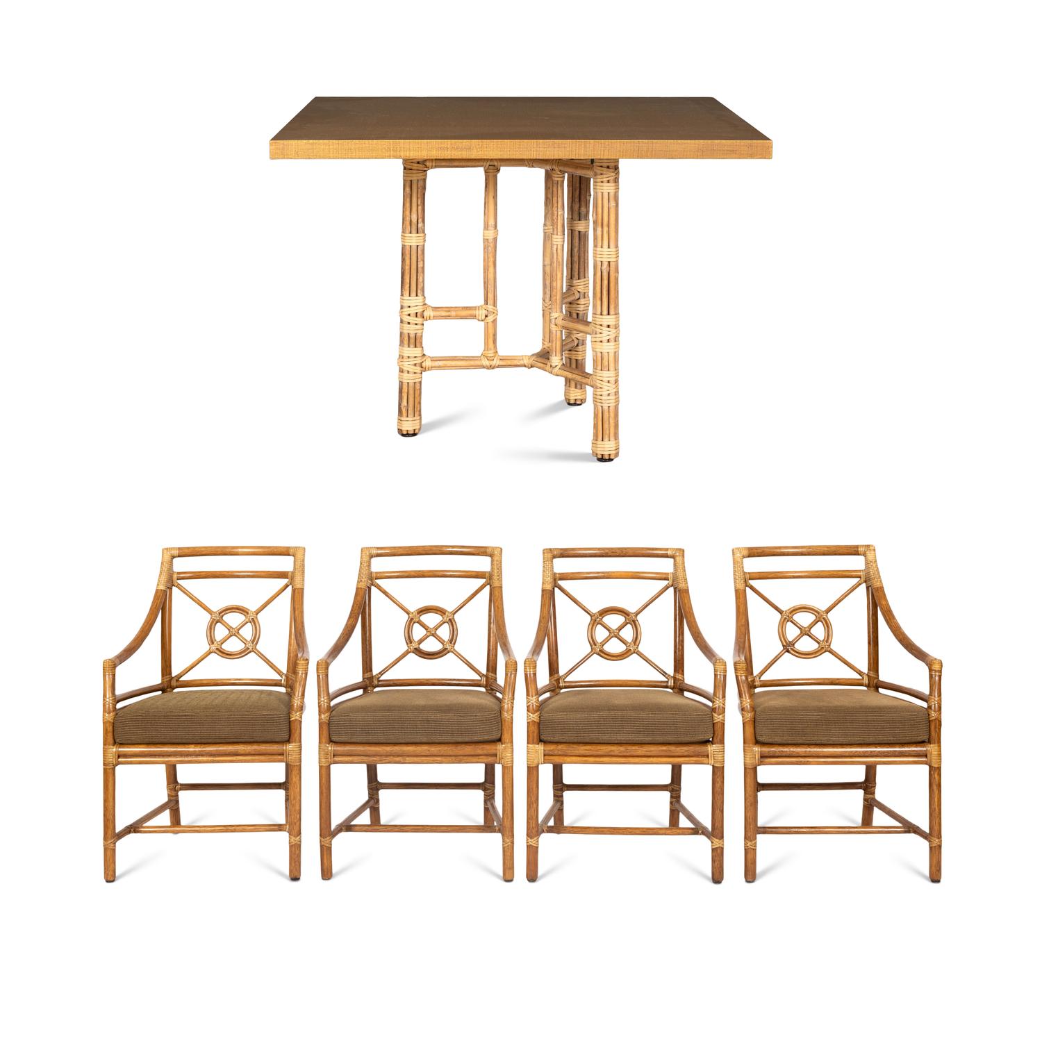 A Set of Four McGuire Rattan Target Armchairs and an Organic Bamboo Table