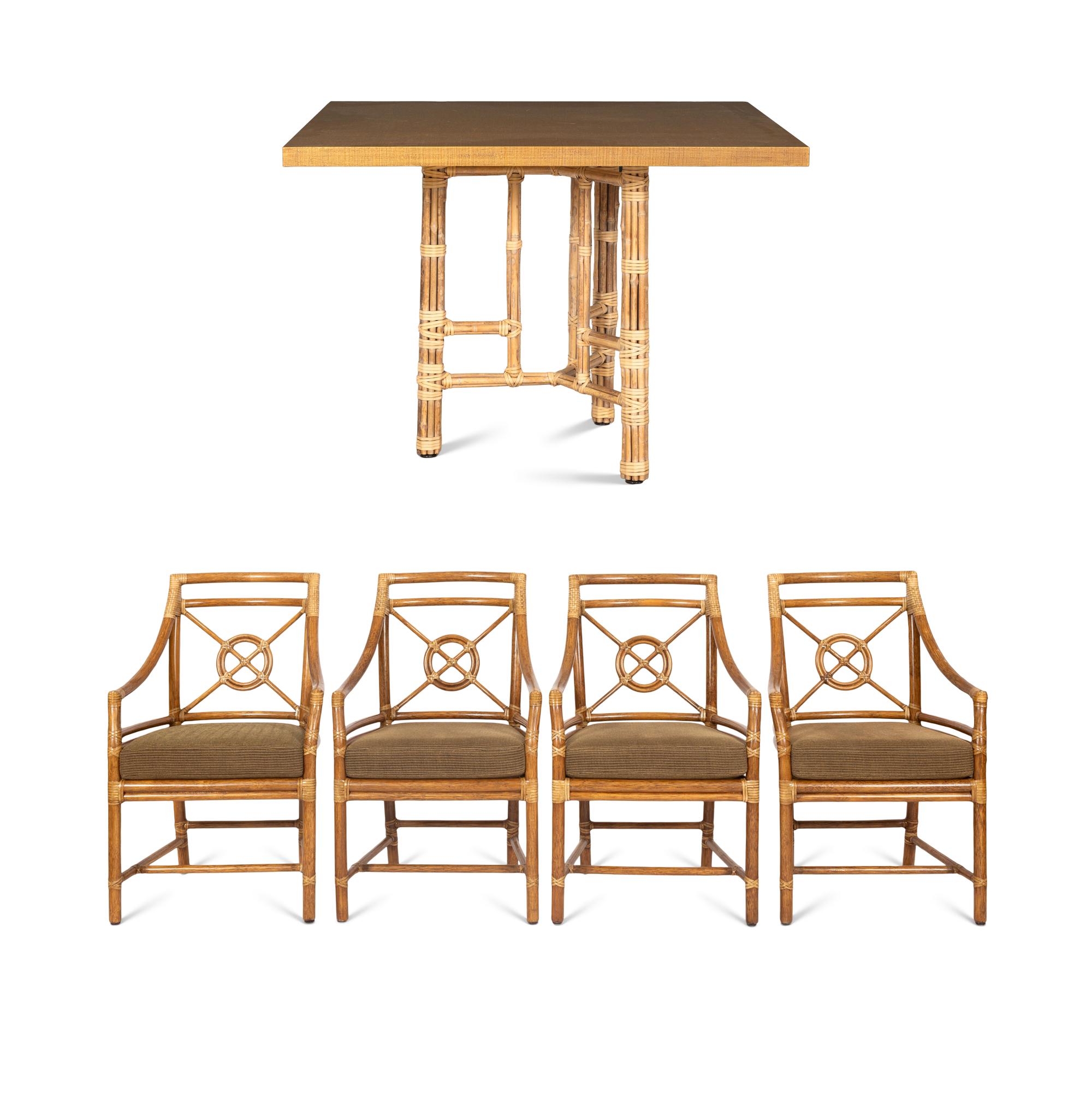 A Set of Four McGuire Rattan Target Armchairs and an Organic Bamboo Table
