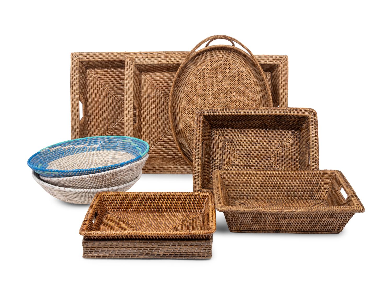A Group of Ten Woven Baskets and Trays