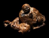 A Pair of Chinese Carved Root Wood Figures of Immortals, Hehe Exian