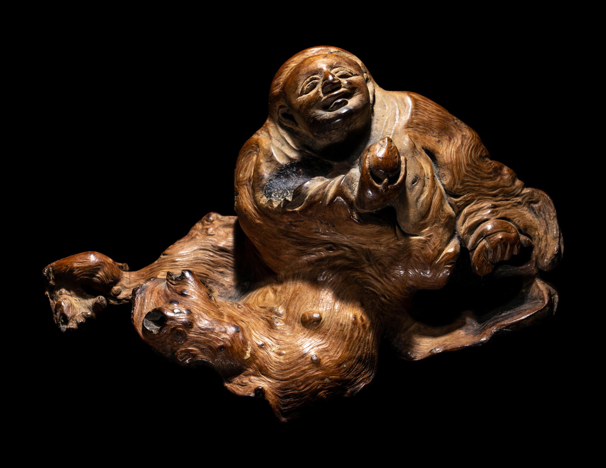 A Pair of Chinese Carved Root Wood Figures of Immortals, Hehe Exian