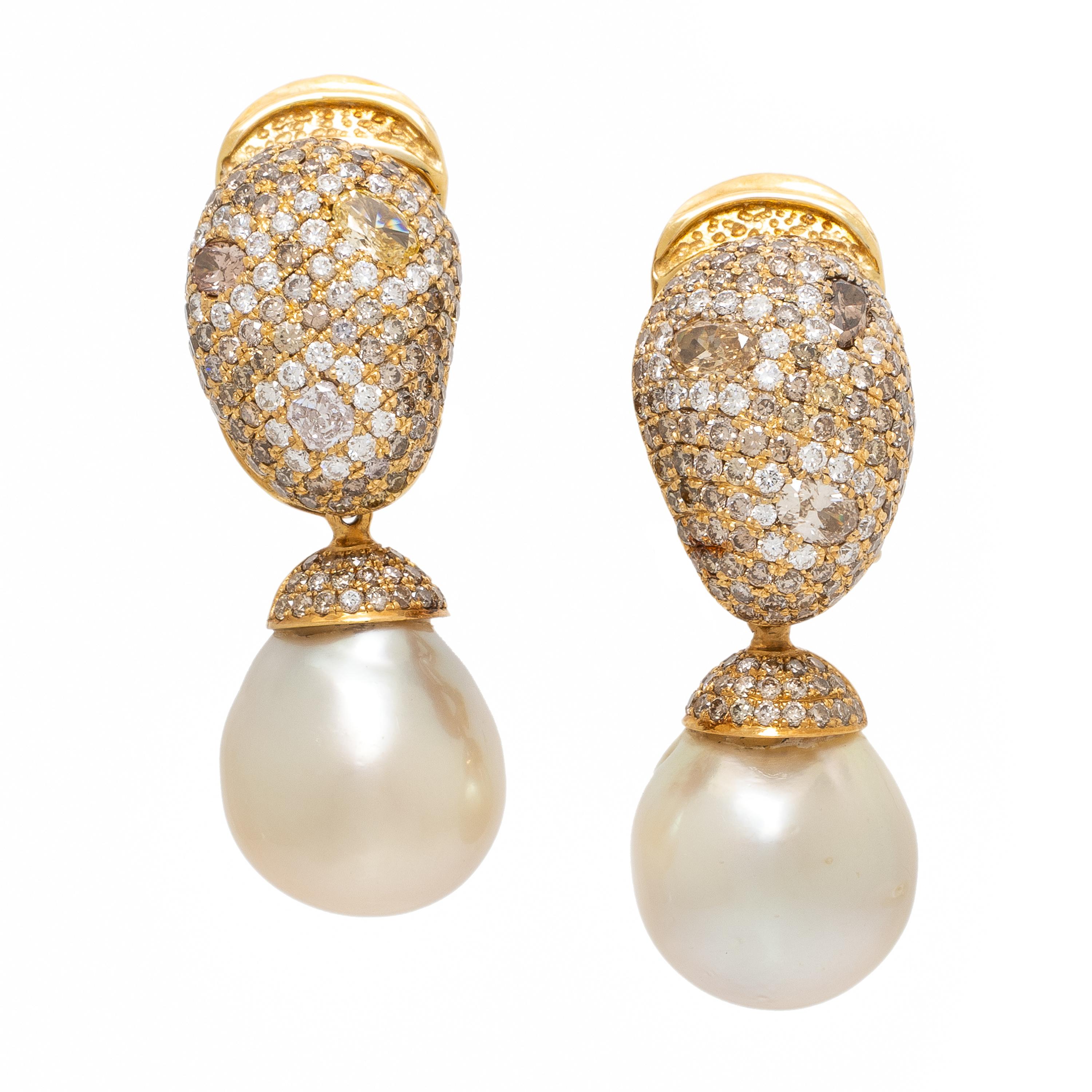 Yvel, Cultured Pearl, Colored Diamond, and Yellow Gold Earrings