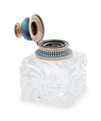 A Russian Silver and Enameled Cut Glass Inkwell