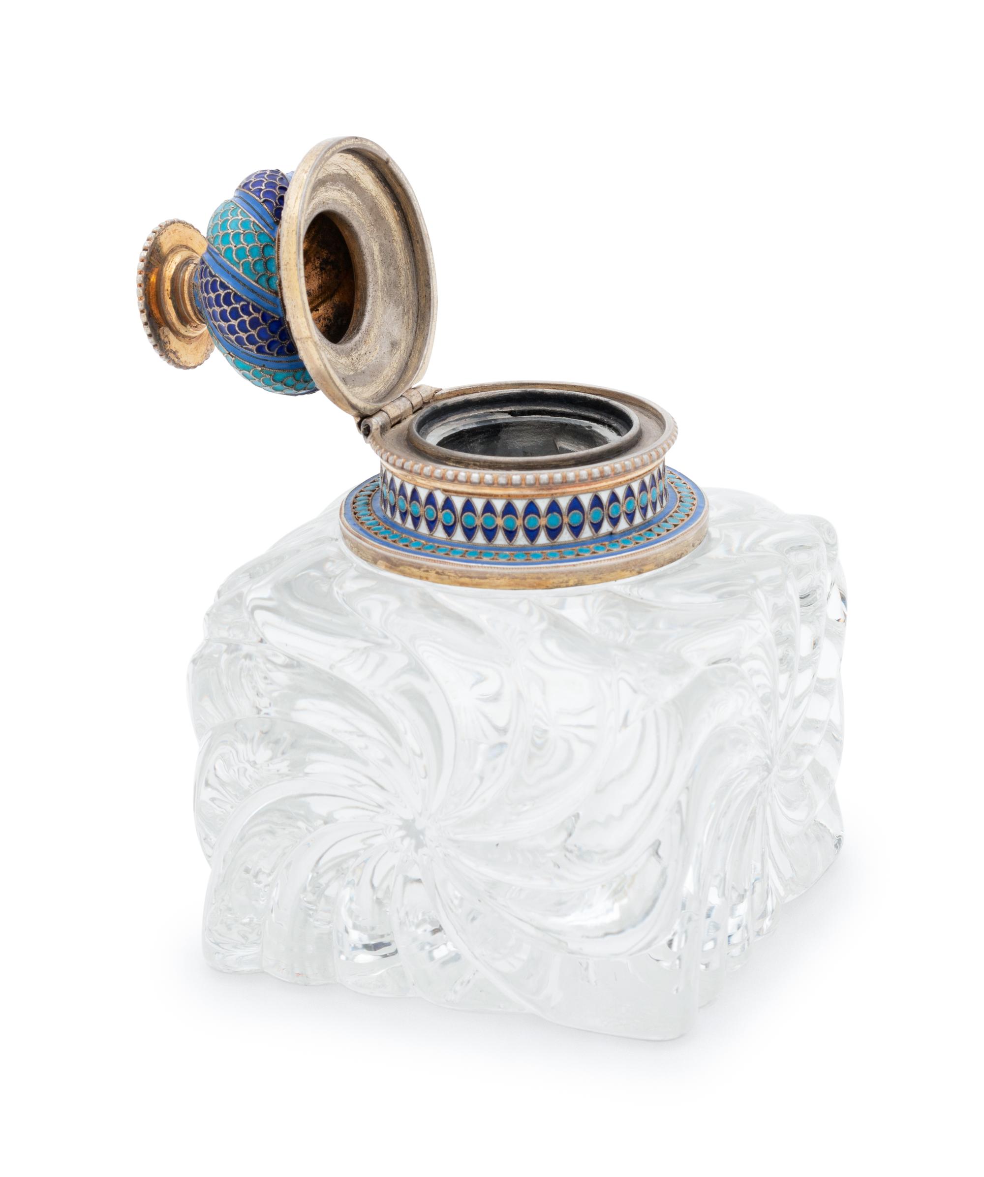 A Russian Silver and Enameled Cut Glass Inkwell