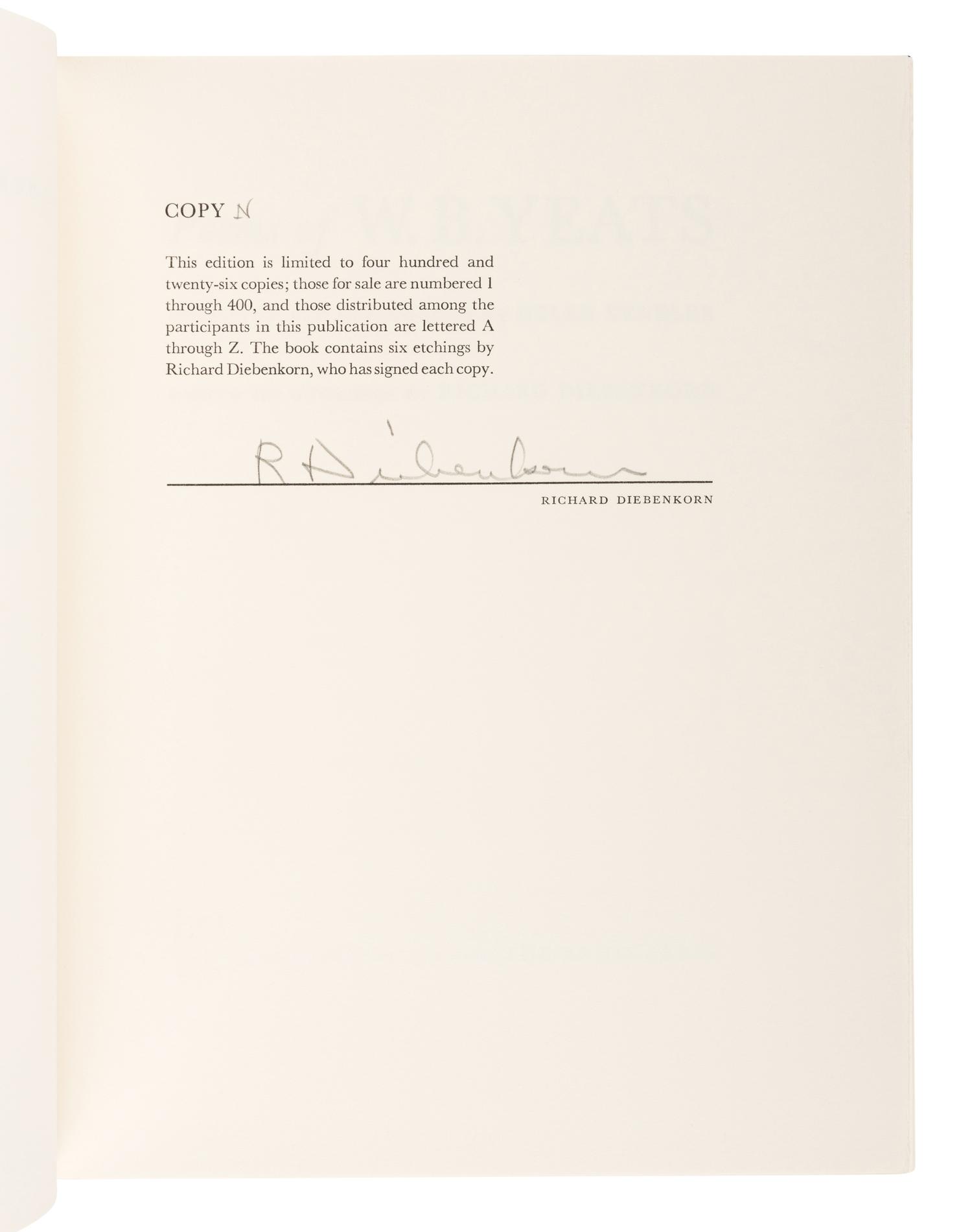 [ARION PRESS]. YEATS, William Butler (1865-1939). Poems . Richard DIEBENKORN (1922-1993), illustrator. San Francisco: The Arion Press, 1990.