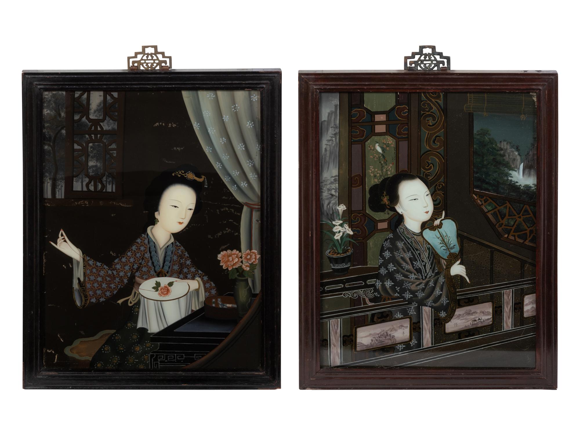 A Pair of Chinese Reverse Painted Glass Pictures
