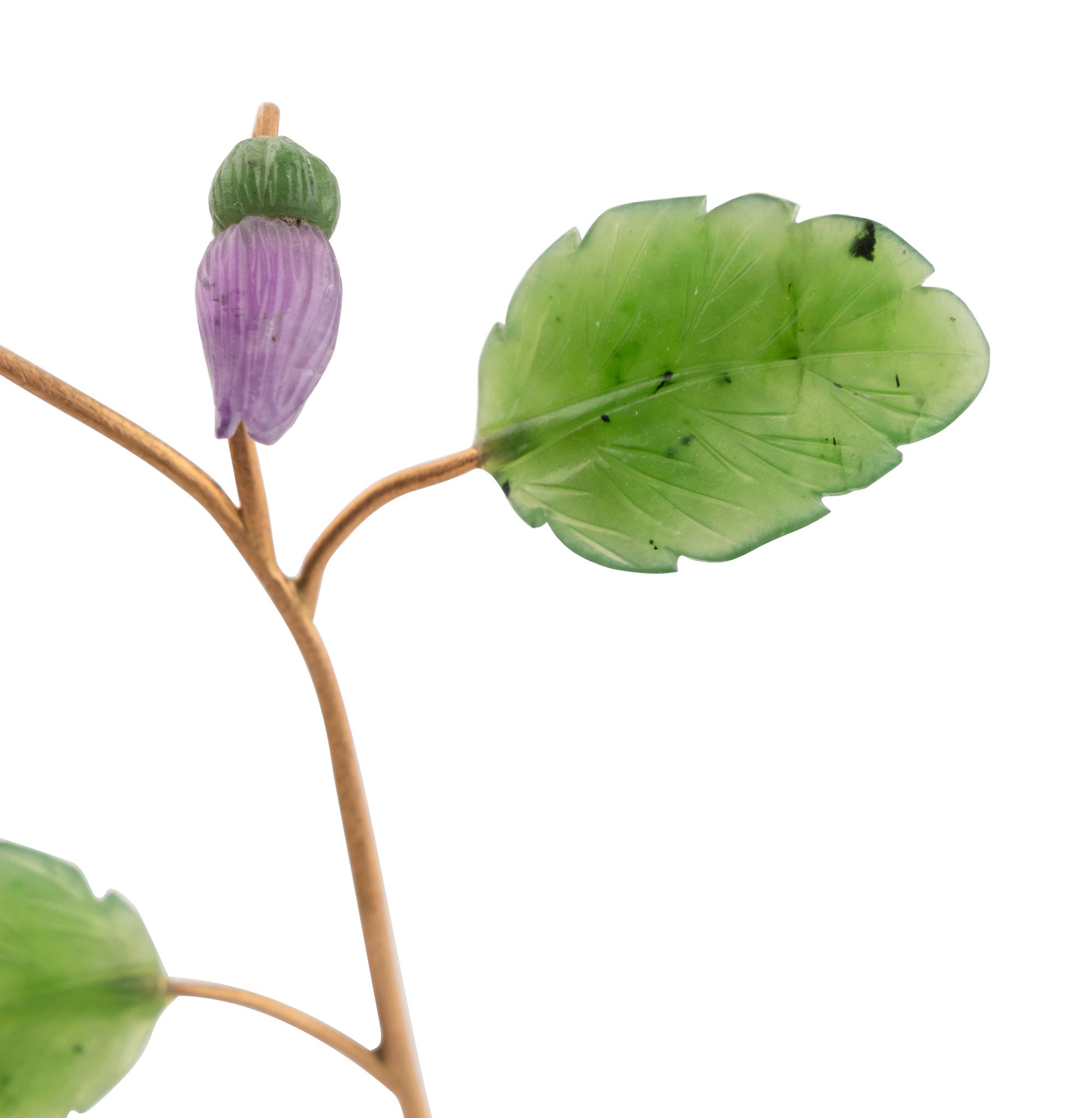 A Diamond-Mounted Carved Rock Crystal, Nephrite, Amethyst and 18-Karat Gold Pansy Flower Study