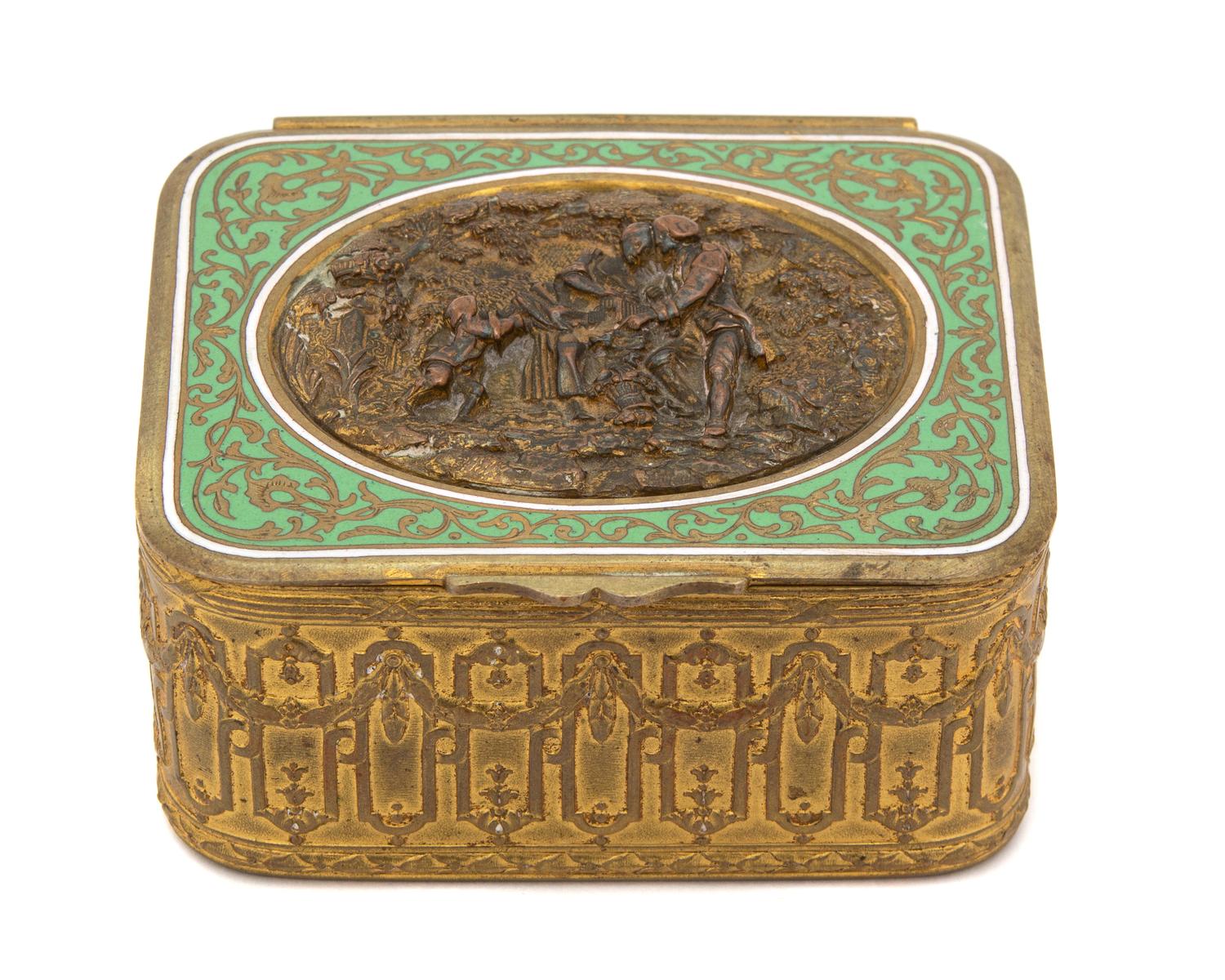 A French Gilt Bronze and Enamel Box Height 1 1/4 x width 3 3/4 x depth 3 1/8 inches. — 19TH CENTURY