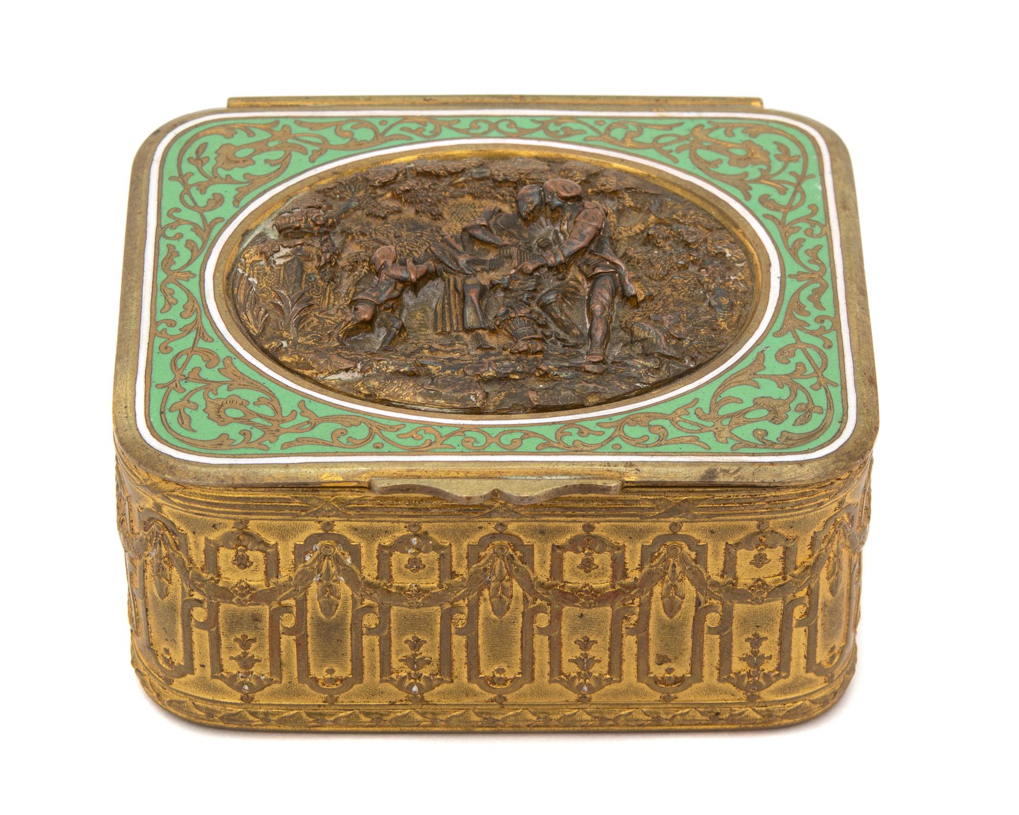 A French Gilt Bronze and Enamel Box Height 1 1/4 x width 3 3/4 x depth 3 1/8 inches. — 19TH CENTURY