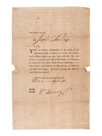 [PENNSYLVANIA]. Warrant for a list of men eligible for militia service in Philadelphia, PA. 23 April 1788.