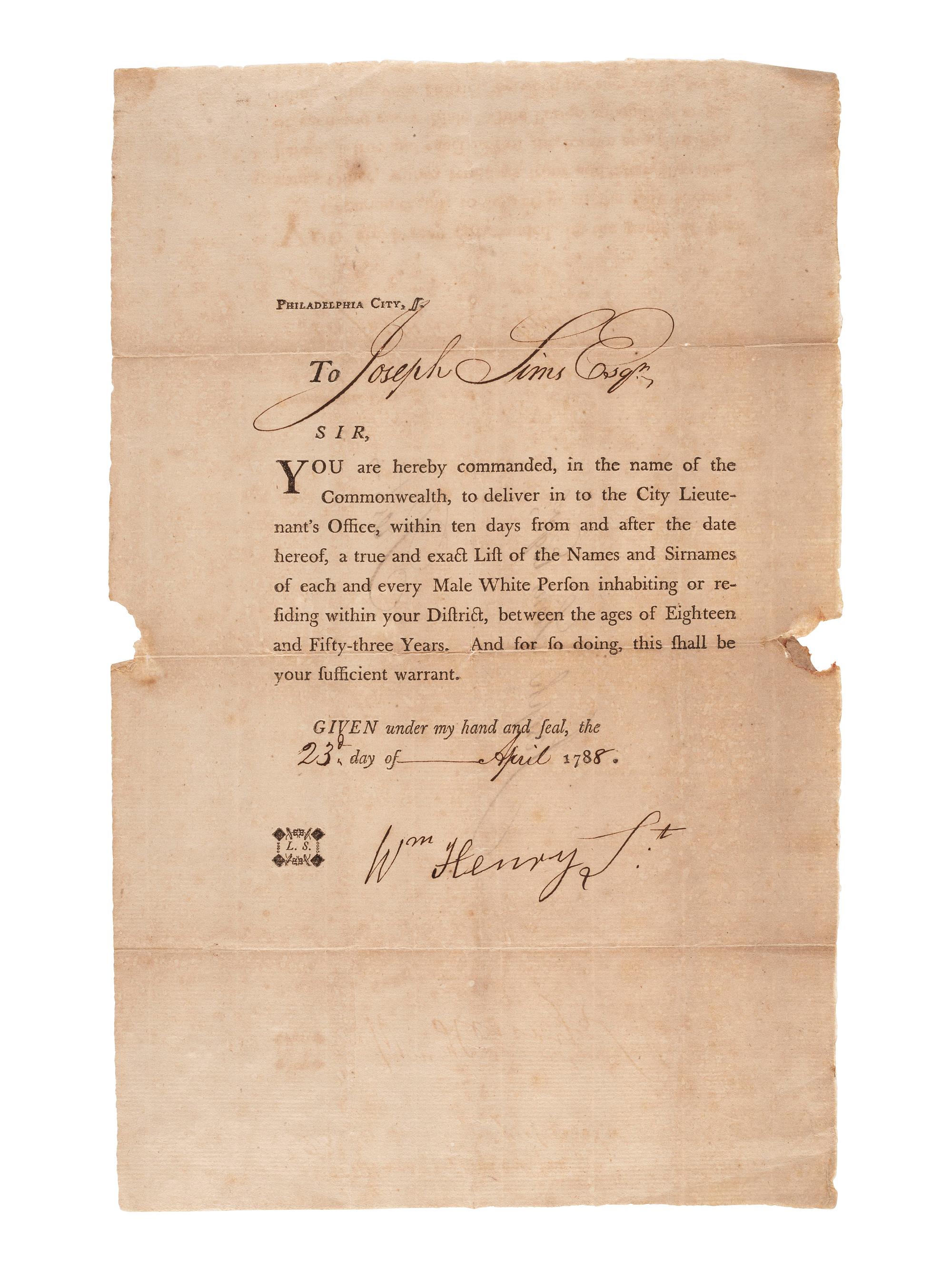 [PENNSYLVANIA]. Warrant for a list of men eligible for militia service in Philadelphia, PA. 23 April 1788.