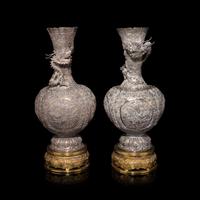 A Pair of Chinese Silver Vases, Late 19th-20th Century 晚清-民國 外銷鏨花龍紋銀瓶一對