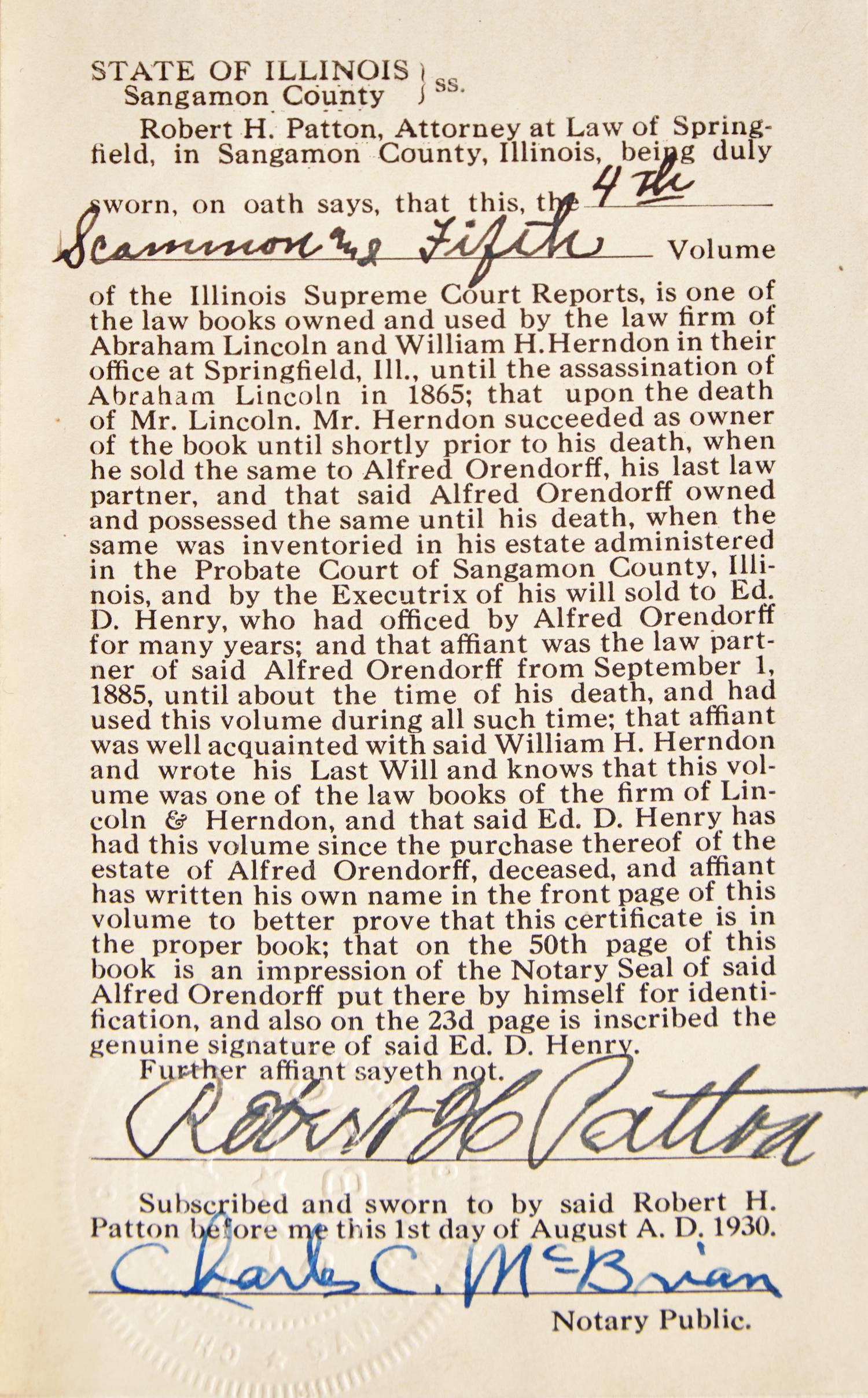[LINCOLN-HERNDON LAW OFFICE]. SCAMMON, J. Young. Reports of Cases Argued and Determined in the Supreme Court of the State of Illinois . Vol. IV. Chicago: Stephen F. Gale & Co./Galena: Augustus H. Burley, 1844.