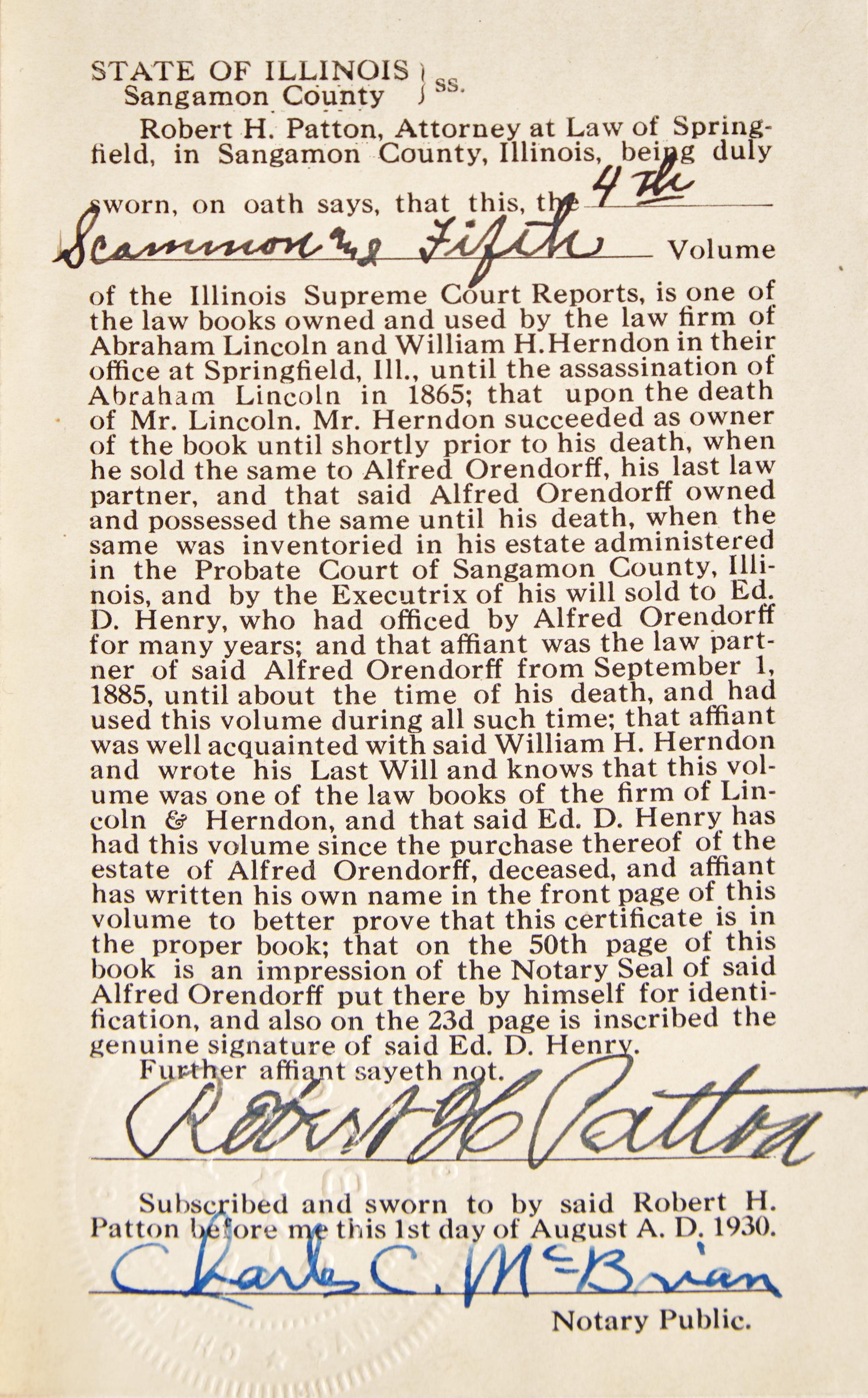 [LINCOLN-HERNDON LAW OFFICE]. SCAMMON, J. Young. Reports of Cases Argued and Determined in the Supreme Court of the State of Illinois . Vol. IV. Chicago: Stephen F. Gale & Co./Galena: Augustus H. Burley, 1844.