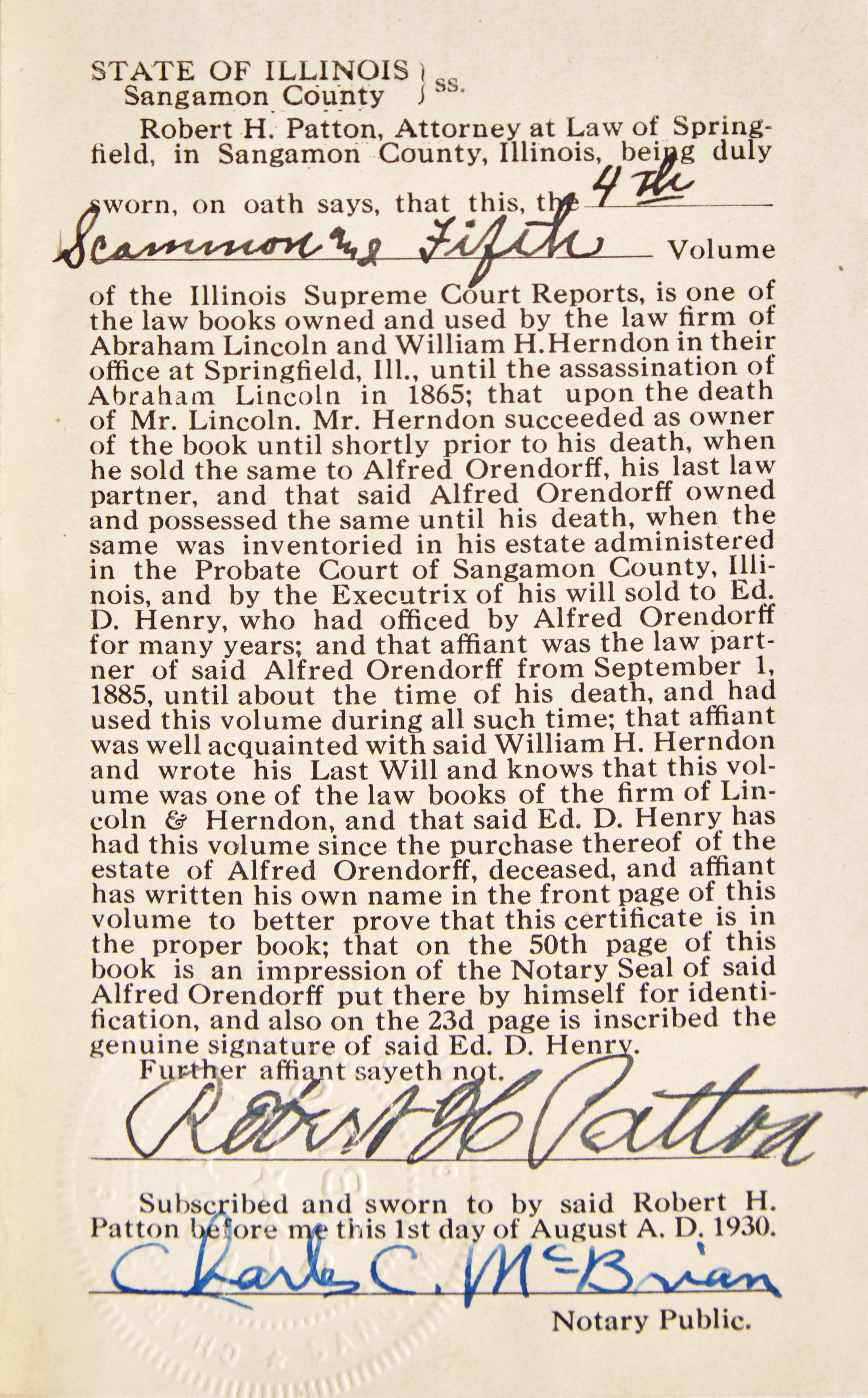 [LINCOLN-HERNDON LAW OFFICE]. SCAMMON, J. Young. Reports of Cases Argued and Determined in the Supreme Court of the State of Illinois . Vol. IV. Chicago: Stephen F. Gale & Co./Galena: Augustus H. Burley, 1844.