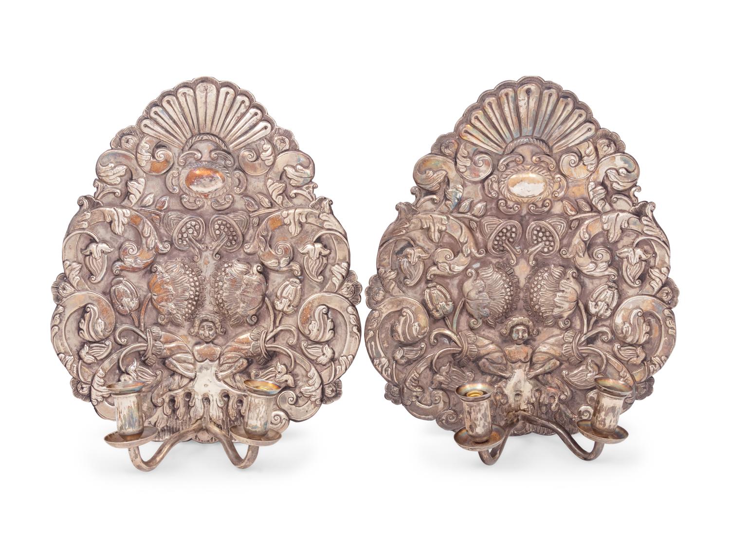 A Pair of Continental Silver Two-Light Sconces