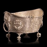 A Chinese or Southeast Asian Silver Alloy Navette-Form Reticulated Footed Bowl — 東南亞銀合金鏨花碗
