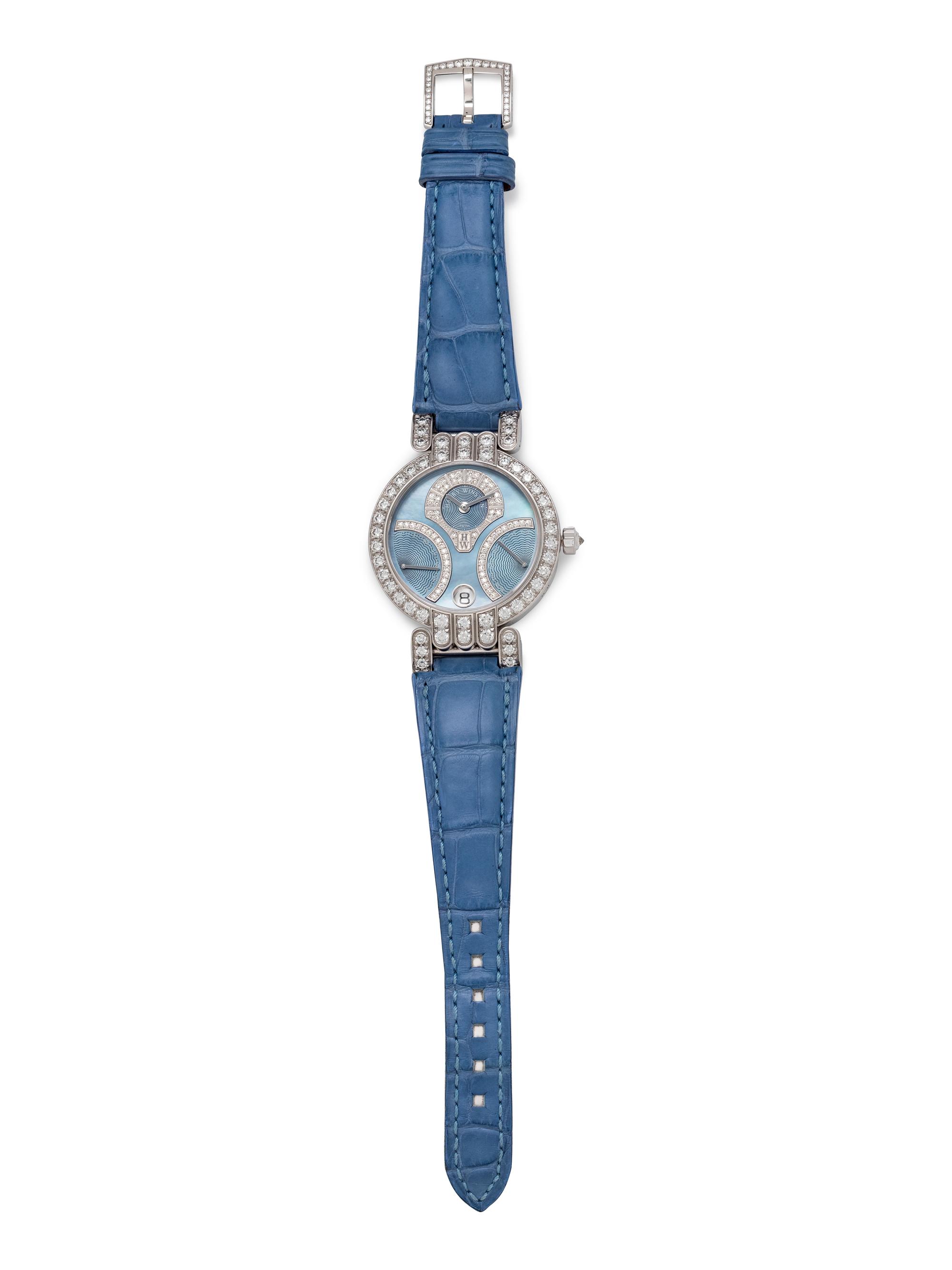 Harry Winston, 18K White Gold and Diamond 'Premier Excenter Bi-Retro Day-Date' Wristwatch