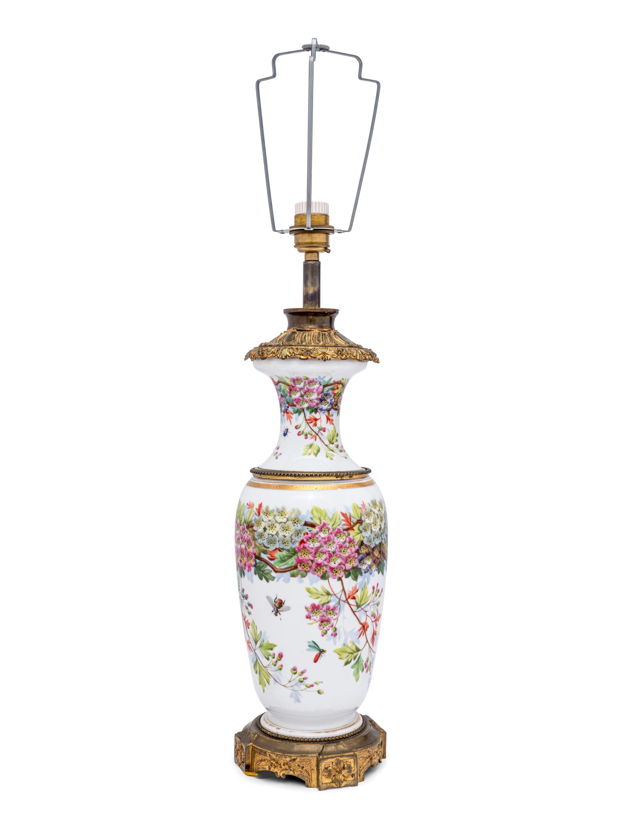 A French Painted Opaline Glass Vase Mounted as a Lamp