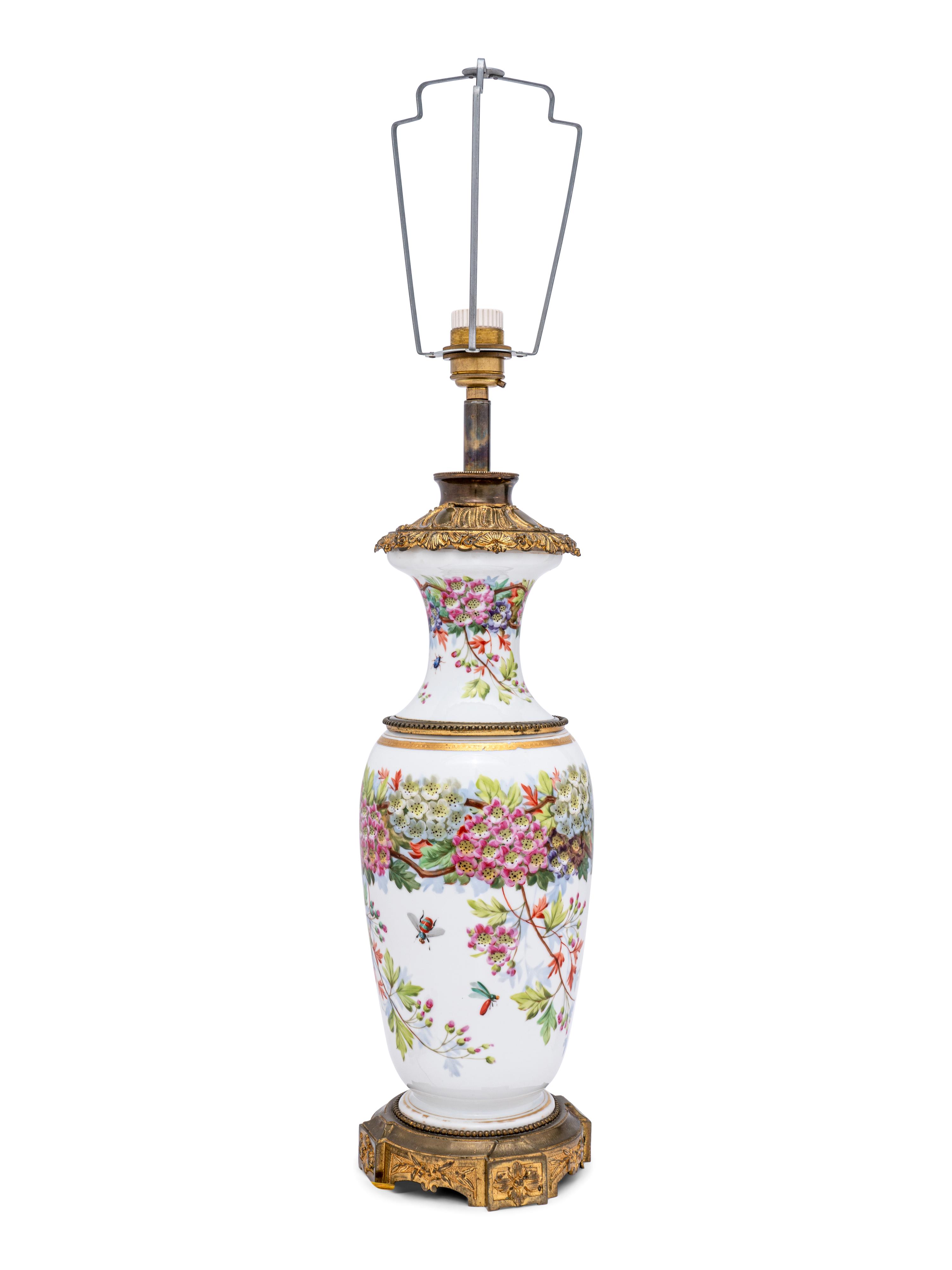 A French Painted Opaline Glass Vase Mounted as a Lamp