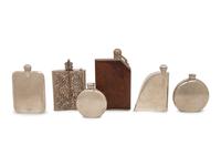 A Group of Six Pewter and Silver-Plate Flasks