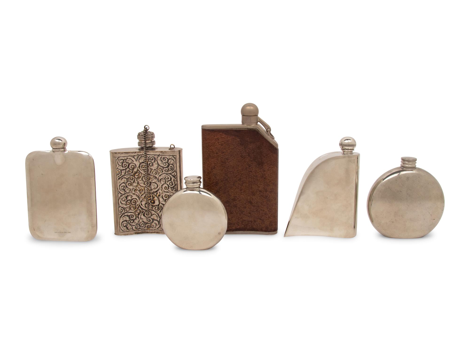 A Group of Six Pewter and Silver-Plate Flasks
