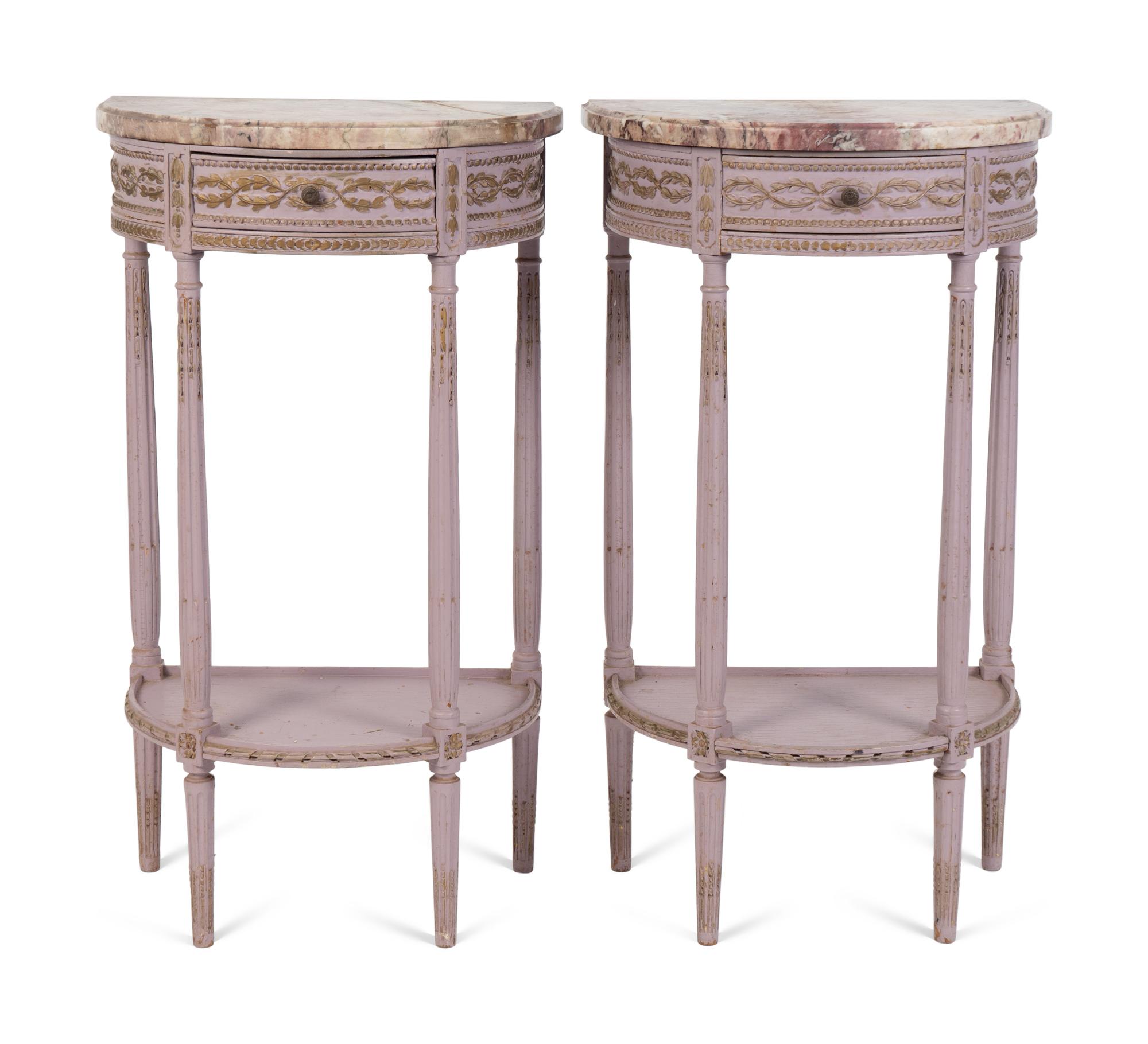 A Pair of Louis XV Style Painted Demi-lune Marble Top Console Tables — 20TH CENTURY