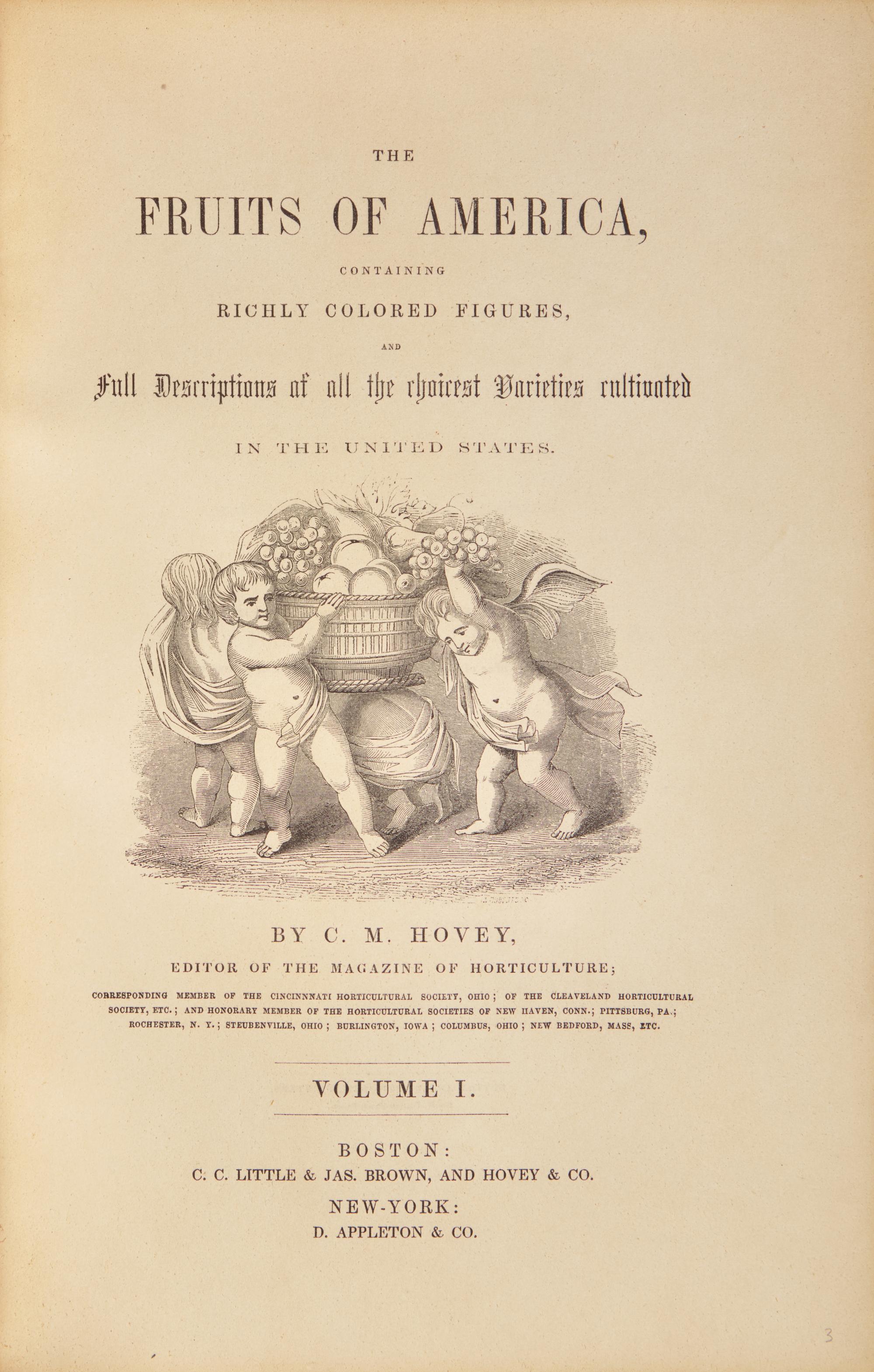 [Natural History] Hovey, C(harles).M(ason). The Fruits of America, Containing Richly Colored Figures, and Full Descriptions of all the choicest Varieties cultivated in the United States