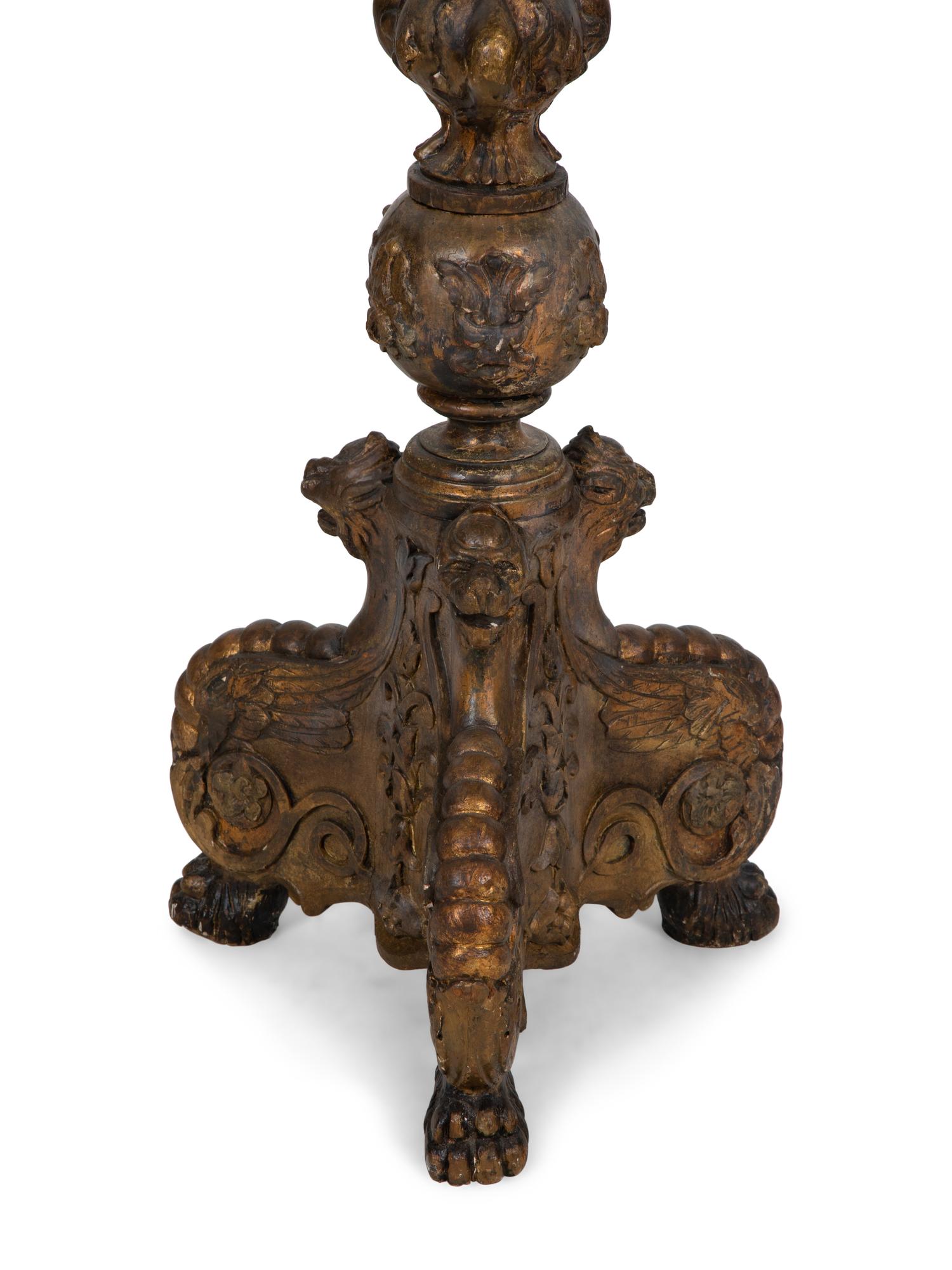 A Pair of Italian Baroque Style Giltwood Torchères with Frosted Glass Flame-Form Shades