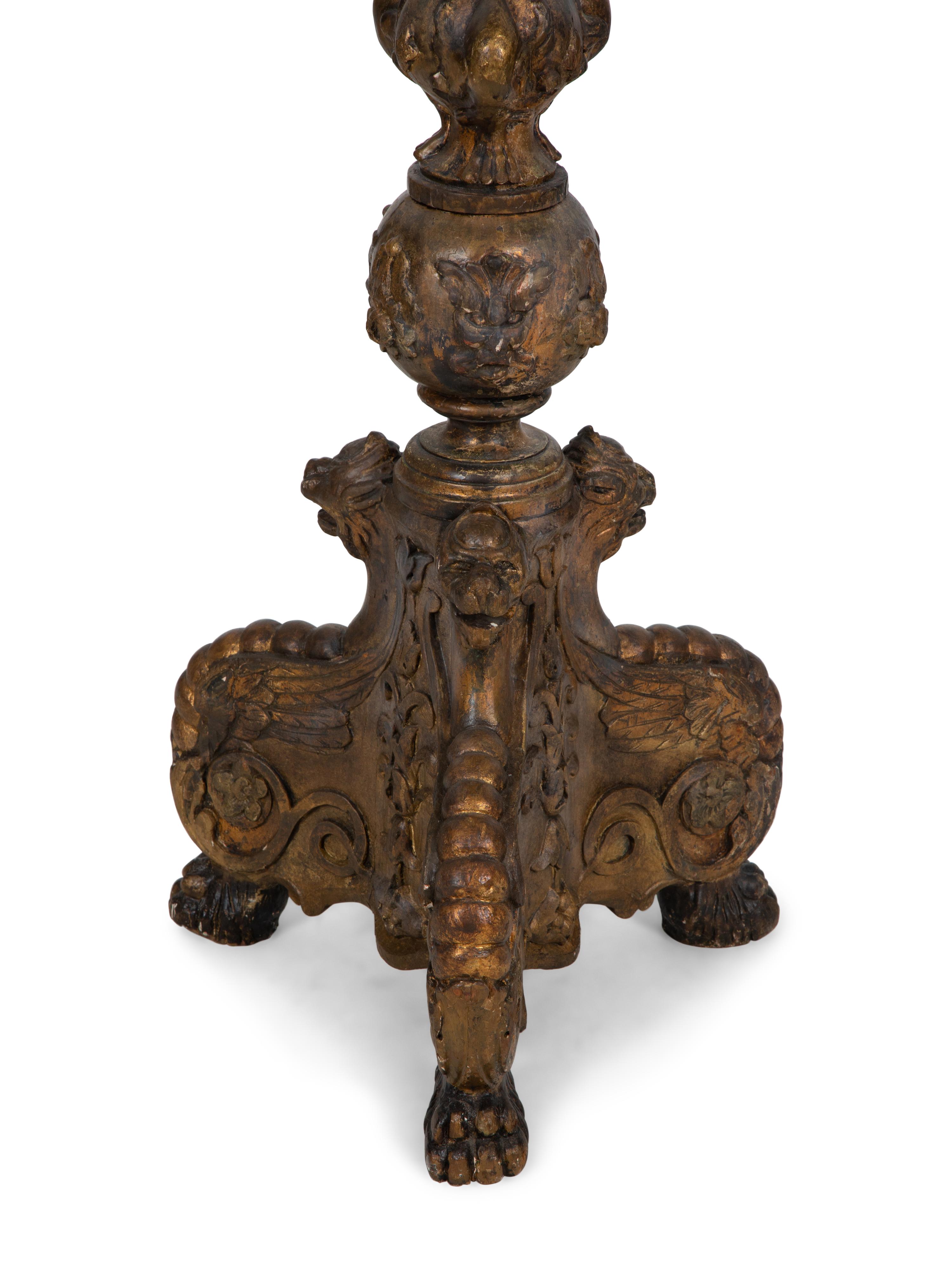 A Pair of Italian Baroque Style Giltwood Torchères with Frosted Glass Flame-Form Shades