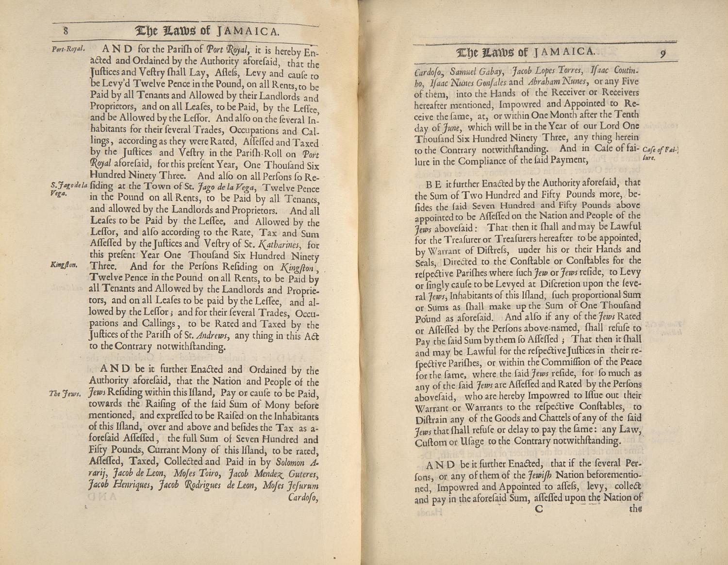 [Judaica] One of the Earliest Printed References to Jewish Individuals Living in the New World, 1698
