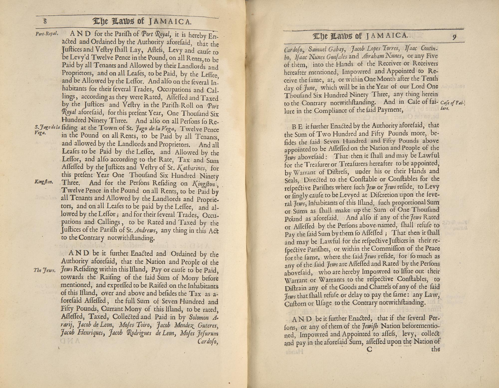 [Judaica] One of the Earliest Printed References to Jewish Individuals Living in the New World, 1698
