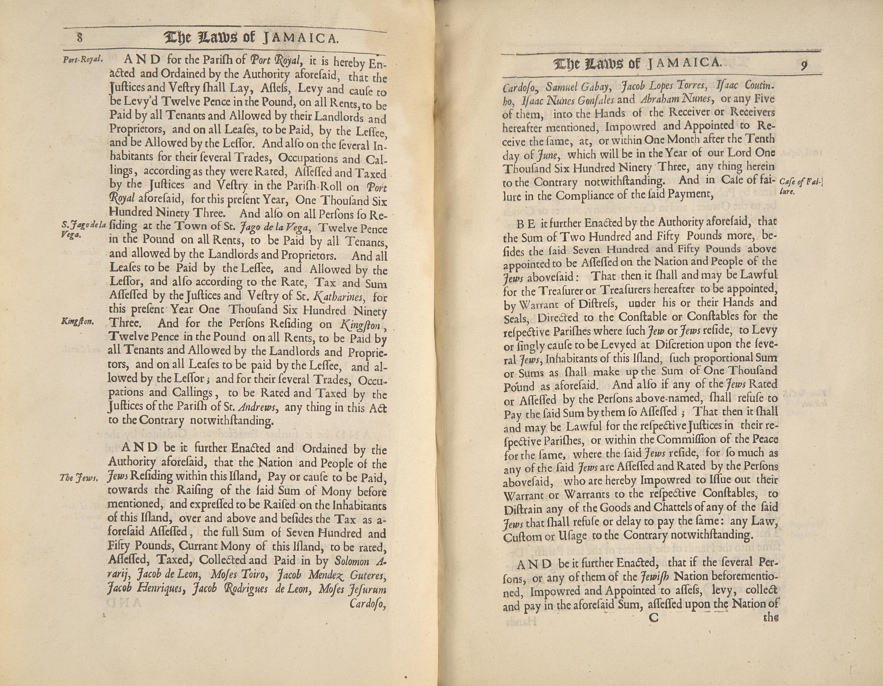 [Judaica] One of the Earliest Printed References to Jewish Individuals Living in the New World, 1698