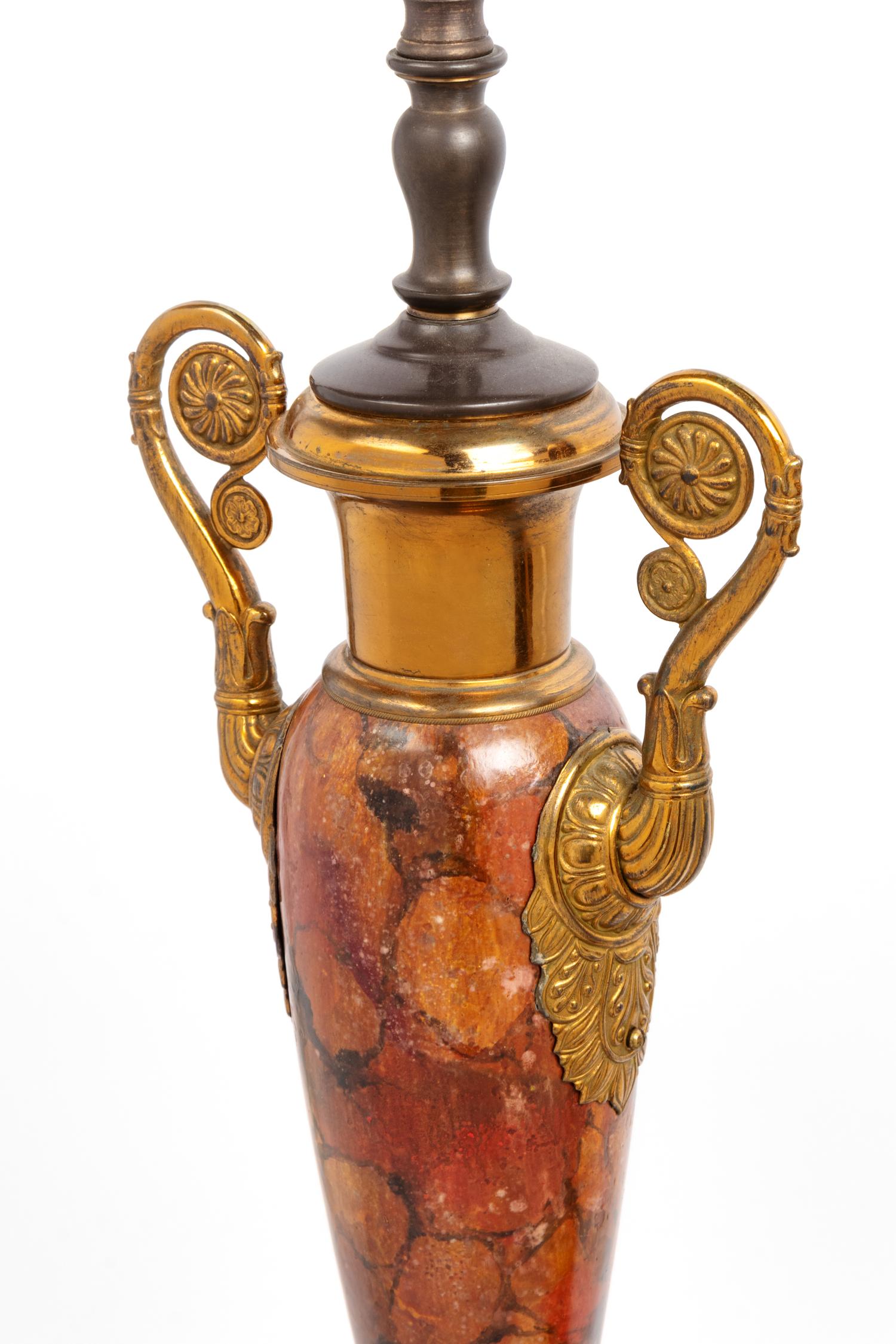 A Pair of Neoclassical Urn-Form Painted Faux Marble Tôle and Gilt Metal Table Lamps