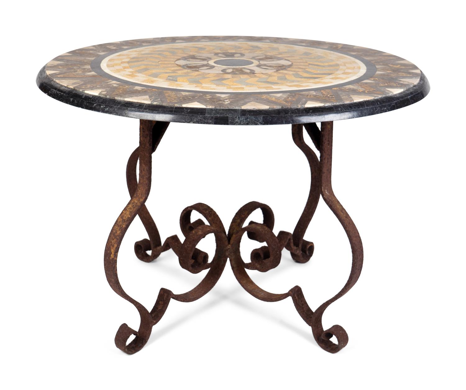An Italian Scagliola and Specimen Marble-Veneered Table Top on a Wrought-Iron Base