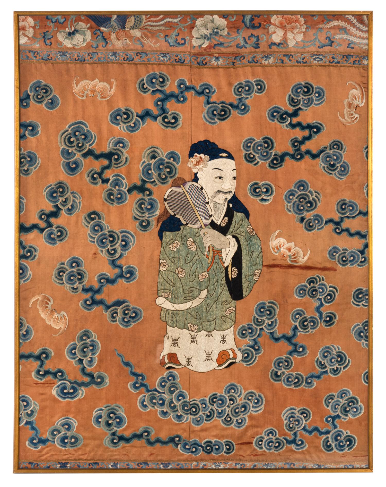 A Pair of Large Chinese Ochre Ground Embroidered Silk 'Immortal' Panels, 18th-19th Century 清中期 杏子地福壽圖大褂屏一對